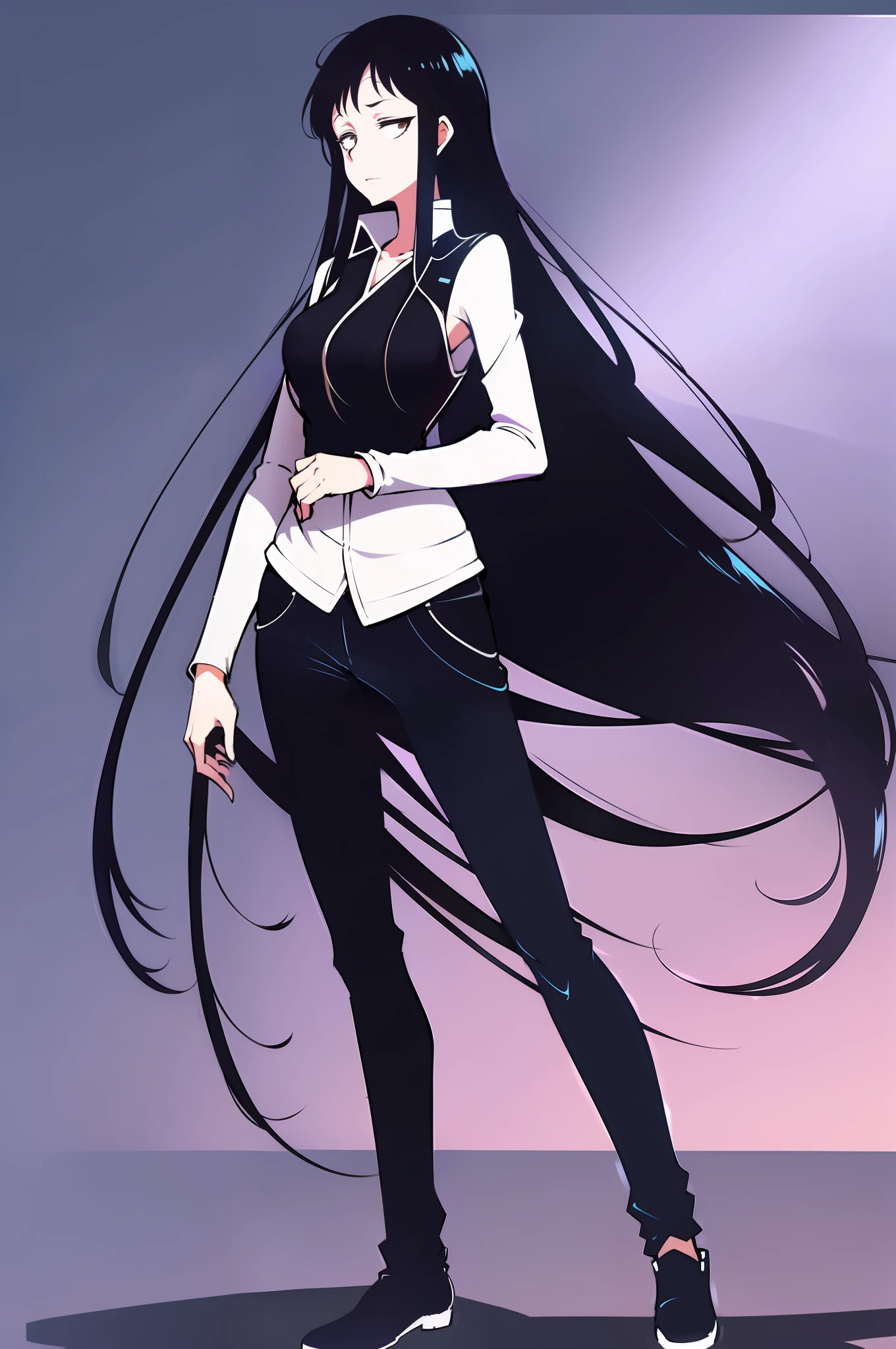 koumori_kuroko, black hair, hime cut, walking,pants, long hair