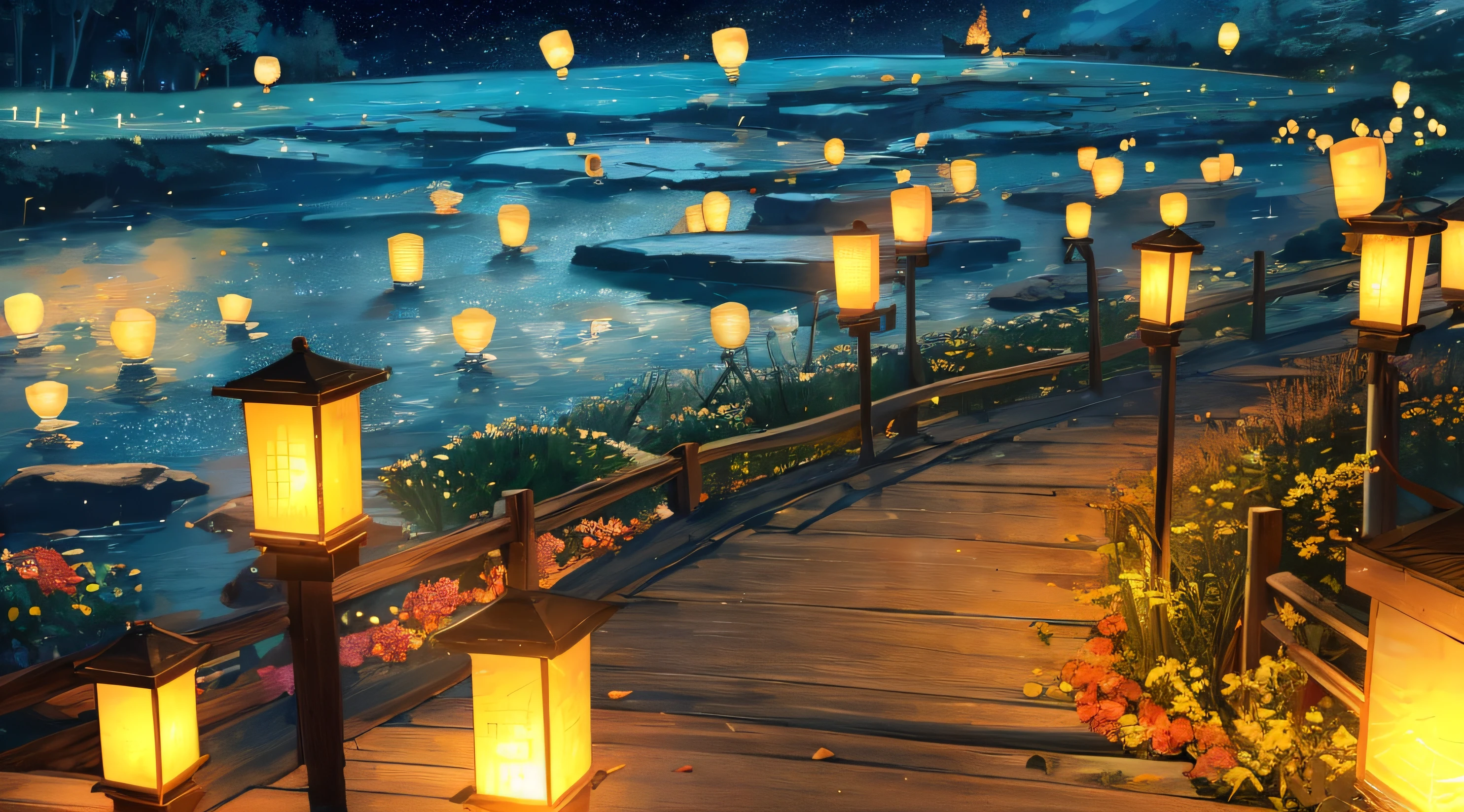 That light is the lamp。Such as tens of millions of fish swimming across the river and sea，Countless lanterns slowly rose from the top of the mountain。

.
They sparkle in the darkness of the night，Shine brightly。Like a floating soul，The most magnificent dream，Magnificent，Light up his path。