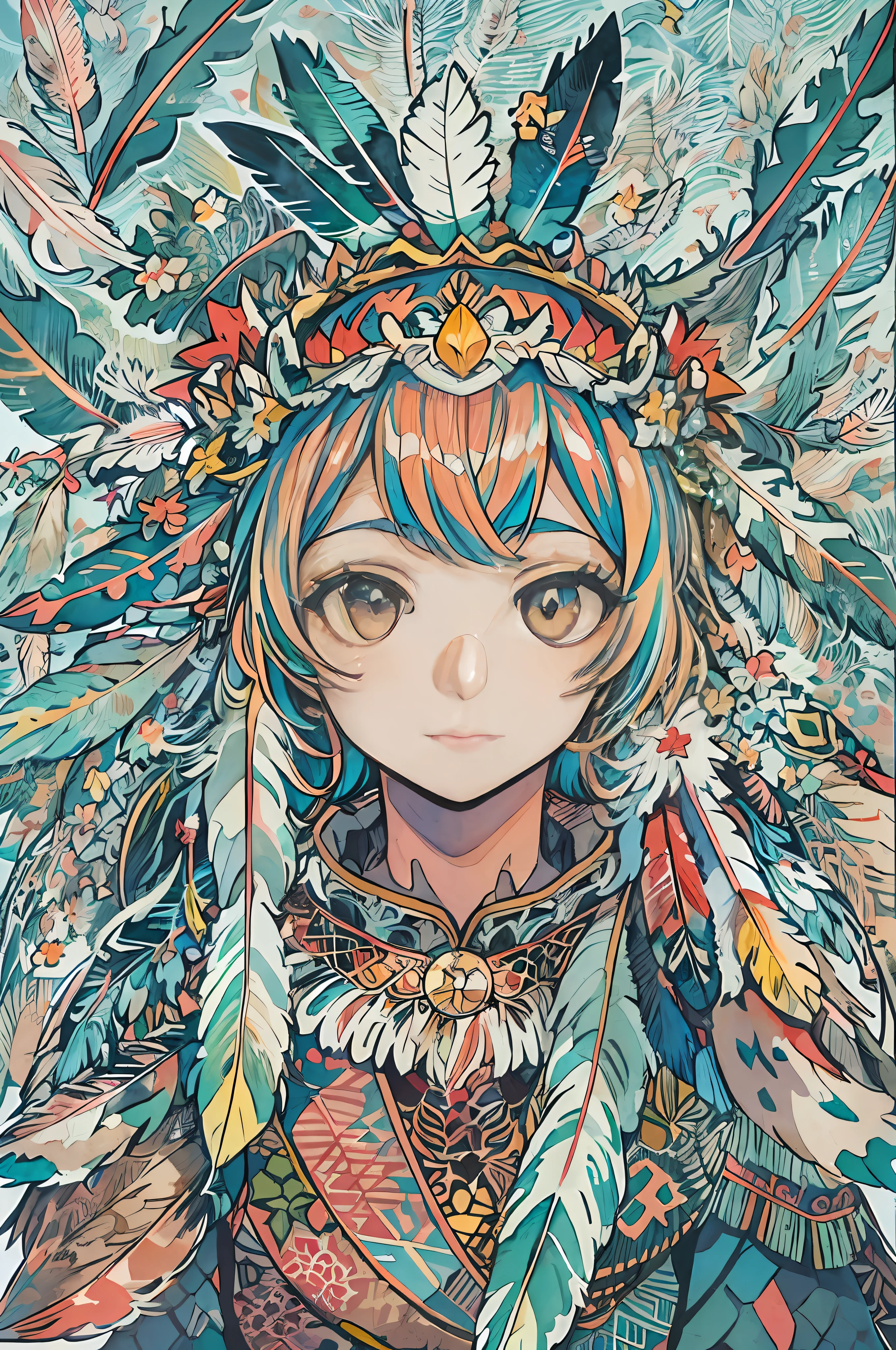 masutepiece, Absurd, hight resolution, super fine details, High quality, Good color, Good color effect, portfolio, One girl, (Eagle Feather Crown:1.8), (a lot of colorful feathers covering her head,,,,:1.8), Ethnic tattoos,
Beautiful eyes, Young Face, dignified expression, Beautiful, Stylish, Cool
(ink and watercolor painting, Shading methods: 1.5), White hair, Long hair, Straight hair, Super precision background, Detailed drawing, (Lots of feather background:1.5),