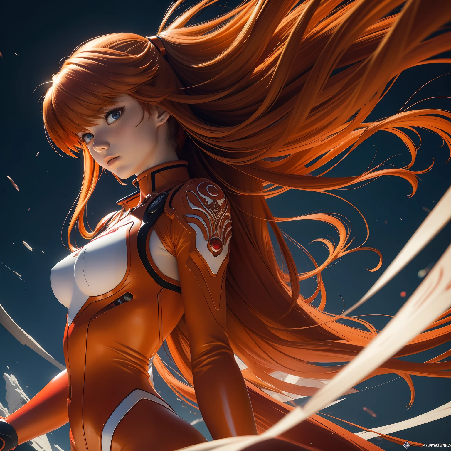 (best quality, masterpiece, colorful, dynamic angle, highest detailed)(Asuka Langley), upper body photo, fashion photography of cute red long hair girl (Asuka Langley), dressing high detailed Evangelion red suit (high resolution textures), in dynamic pose, bokeh, (intricate details, hyperdetailed:1.15), detailed, sunlight passing through hair, monocromatic splash art background(high contrast, official art, extreme detailed, highest detailed),