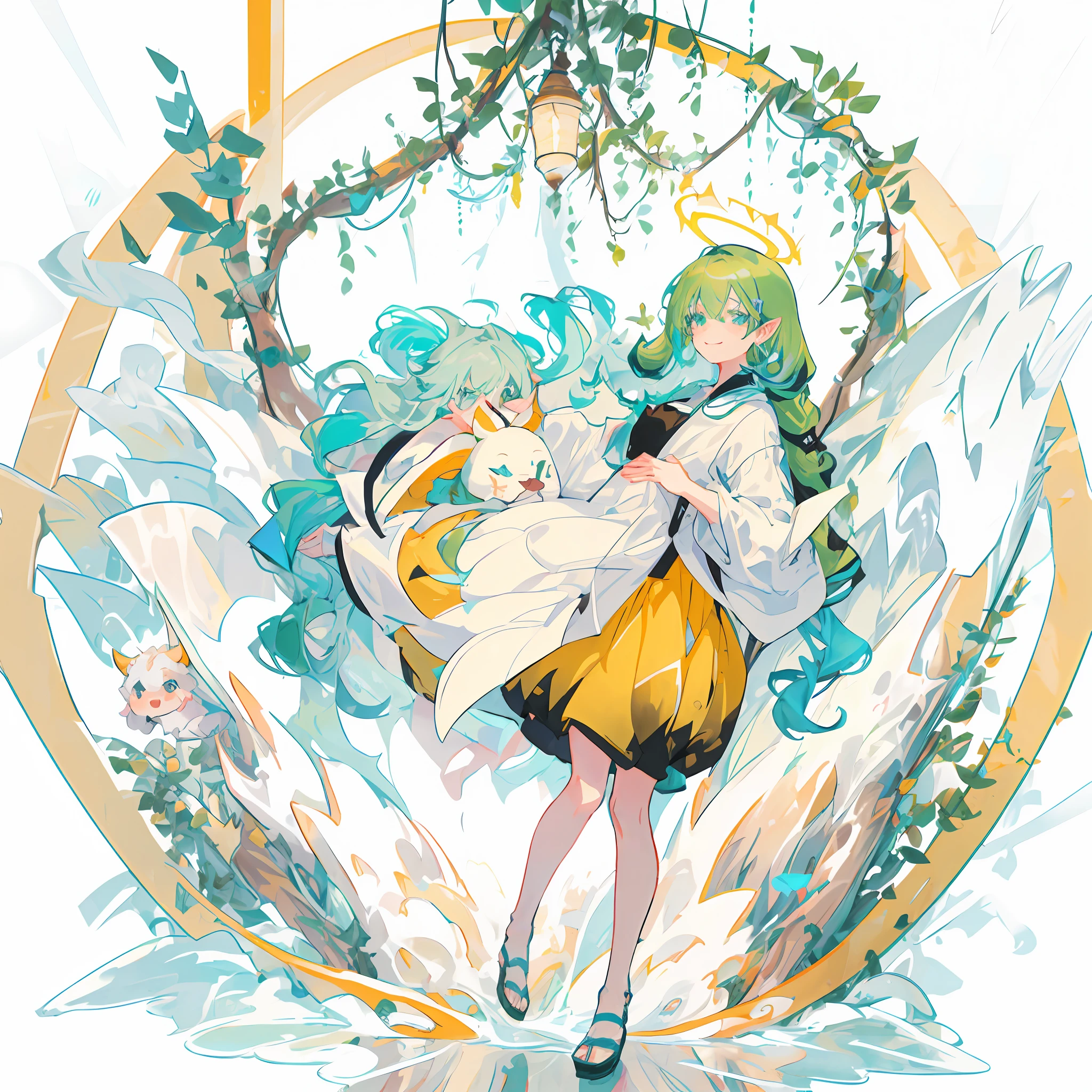 ((1girll)), full bodyesbian,Orange clothes,Green hair,Very long hair, Halo,aqua eyes,sideface, Gradient_Eyes, Pointy ears, Smile, Light smile, character sheets, tachi-e,offcial art,统一 8k 壁纸,ultra - detailed,Beauty and aesthetics,tmasterpiece,best qualtiy,(zentangle,datura,Tangles,entangled),(s fractal art:1.3),Anime style,The is very detailed,dynamic angle,cow boy shot,The most beautiful form of chaos,vivd colour,romanticism lain,A note of ecstasy,streaming musical notes visible