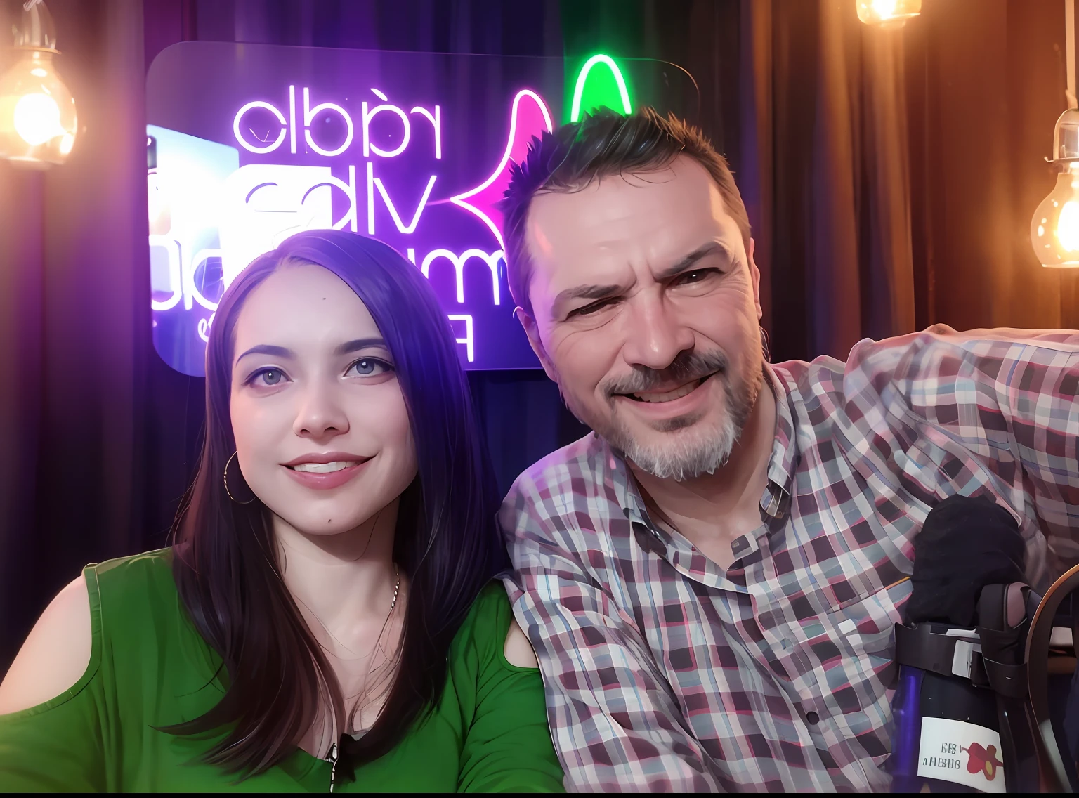 There's a man and a woman posing for a photo in front of a neon sign, Wlop e Andrei Riabovitchev, Alberto Mielgo, Directed by: Ludovit Fulla, ástor alexander, Alarcon Cartunista, studio gibli, foto de perfil, Directed by: Alejandro Obregon, Directed by: Adam St. Peter's, Pablo Oliveira, ao primeiro