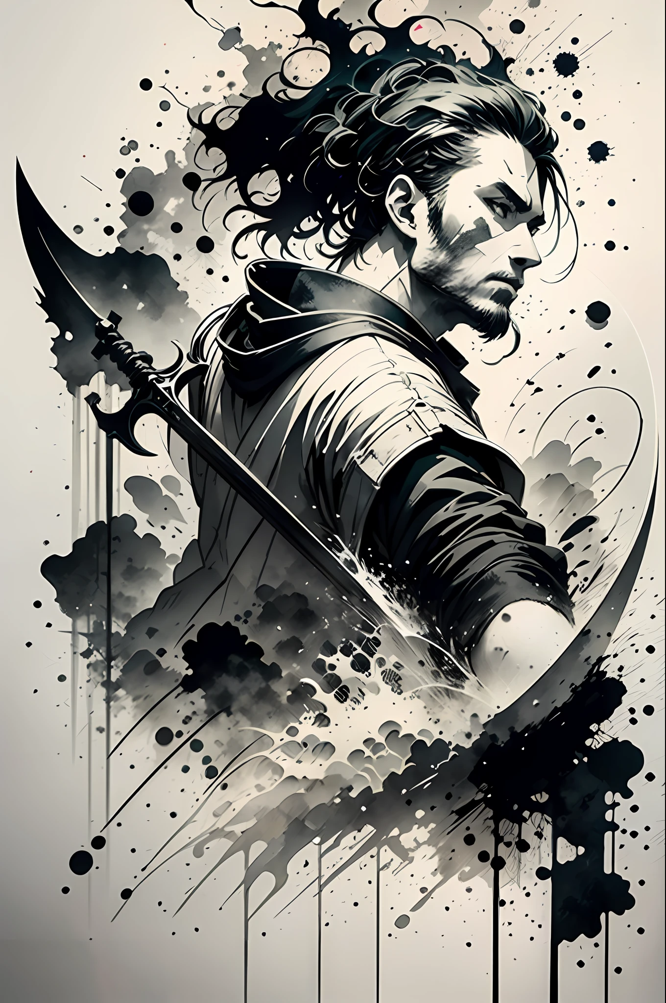 A warrior swings his sword in a circular motion,The slash is like a spray of water,A warrior appears like smoke,《(India-ink drawing,Overcoat of glaze,thick impasto,Creating light and shadow):1.4, 雪舟,sumi, expressive technique,Blotting of ink painting:1.6》low-key lighting, moody ambiance, dark shadows, subtle highlights, mysterious aura, blooming light effect, light from heaven,White background,Expression only in sumi-e,drawn on Japanese paper,Swinging a sword with the art of iai