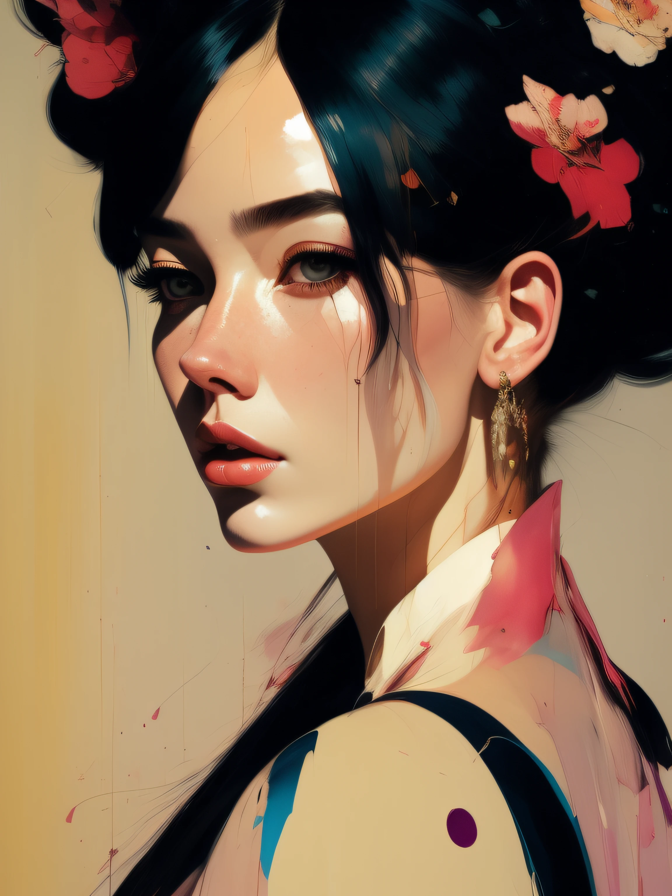 there is ugliness in beauty, but there is also beauty in ugliness. in the style of adrian ghenie, esao andrews, jenny saville, edward hopper, surrealism, dark art by james jean, takato yamamoto, inkpunk minimalism, A beautiful woman in a pose, in spring, artbook, game_cg, Japanese, Plump,Portrait of a stunningly beautiful,   fashion editorial, studio photography, magazine photography, pointed nose, blurry background