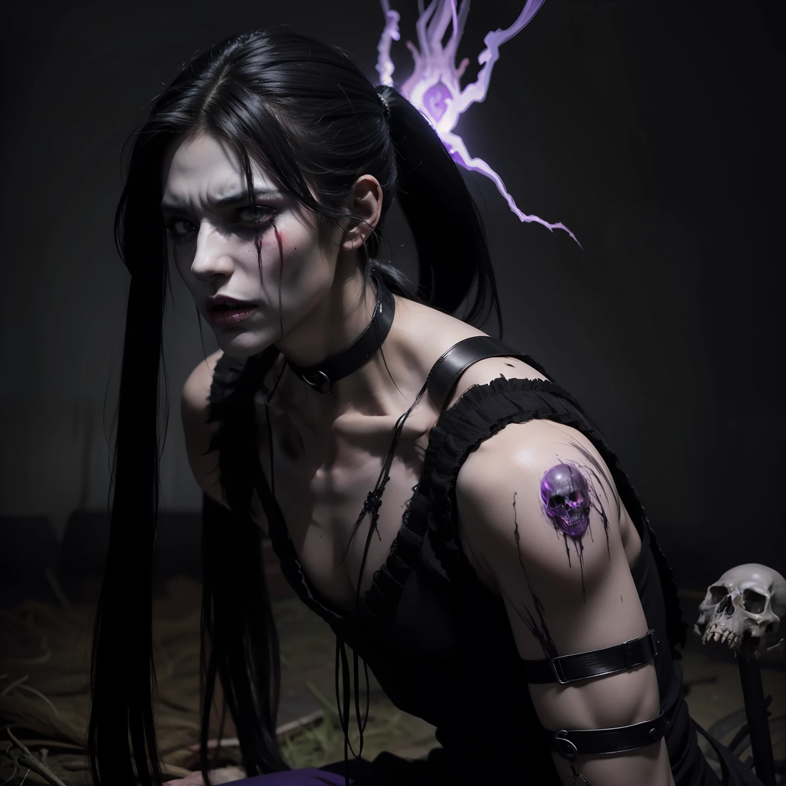 a male mage with a long pony tail black hair, in cry poses ,turning into a undead half zombie and half skeleton, with a purple necro aura, agony, suffering, dead, blood