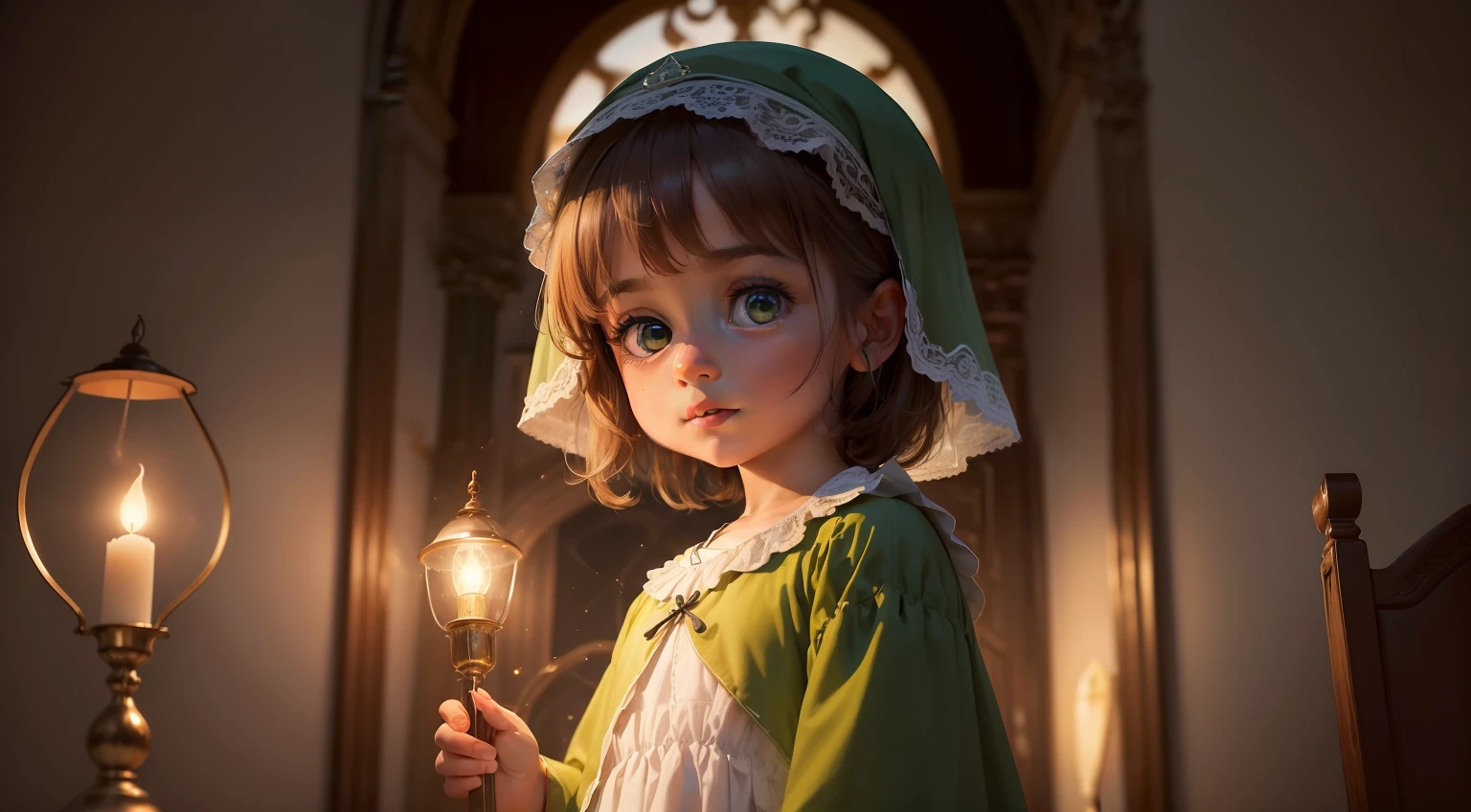 (obra-prima:1.21), (melhor qualidade:1.331), ((ultra-detalhado)), ((Extremely better illustration)), ((Awesome)), (hiper qualidade), Green-eyed 5-year-old with angelic face dressed as one of the Ten Virgins with the lamp lit in the age of Christ