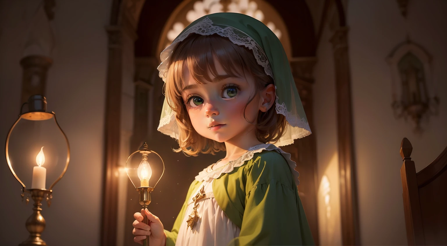(obra-prima:1.21), (melhor qualidade:1.331), ((ultra-detalhado)), ((Extremely better illustration)), ((Awesome)), (hiper qualidade), Green-eyed 5-year-old with angelic face dressed as one of the Ten Virgins with the lamp lit in the age of Christ