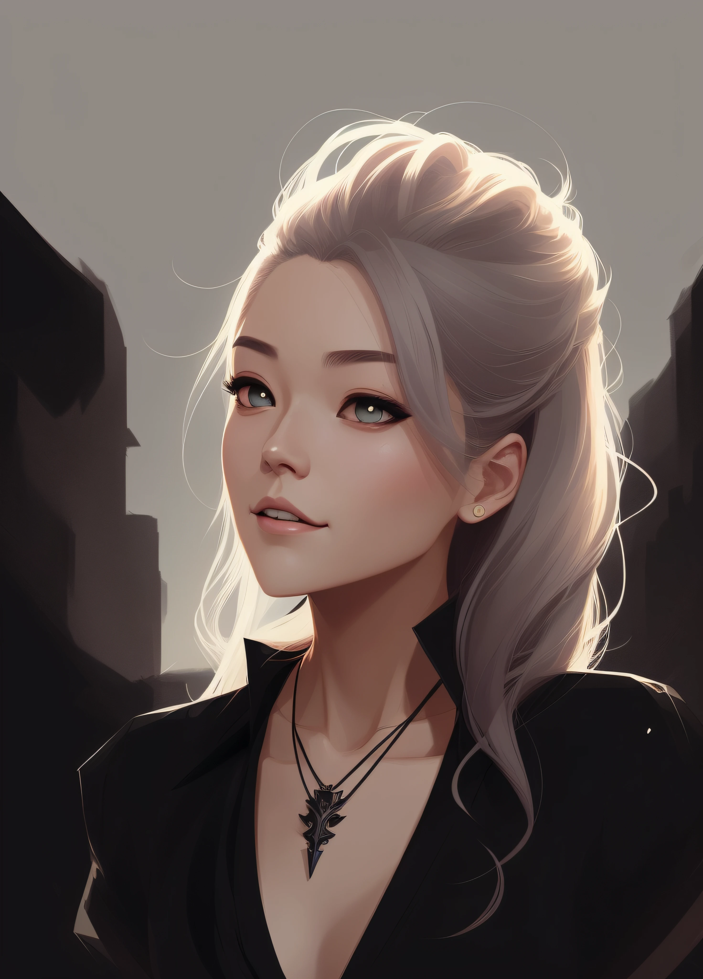 There was a woman wearing a necklace and a black shirt, rossdraws portrait, Rosla 1. 0, rossdraws 2. 0, digitalportrait, in style of digital illustration, rossdraws 2. 5, Rossdraws digital painting, low details. Digital painting, In the style of Ross Tran, digital illustration portrait, in the art style of bowater