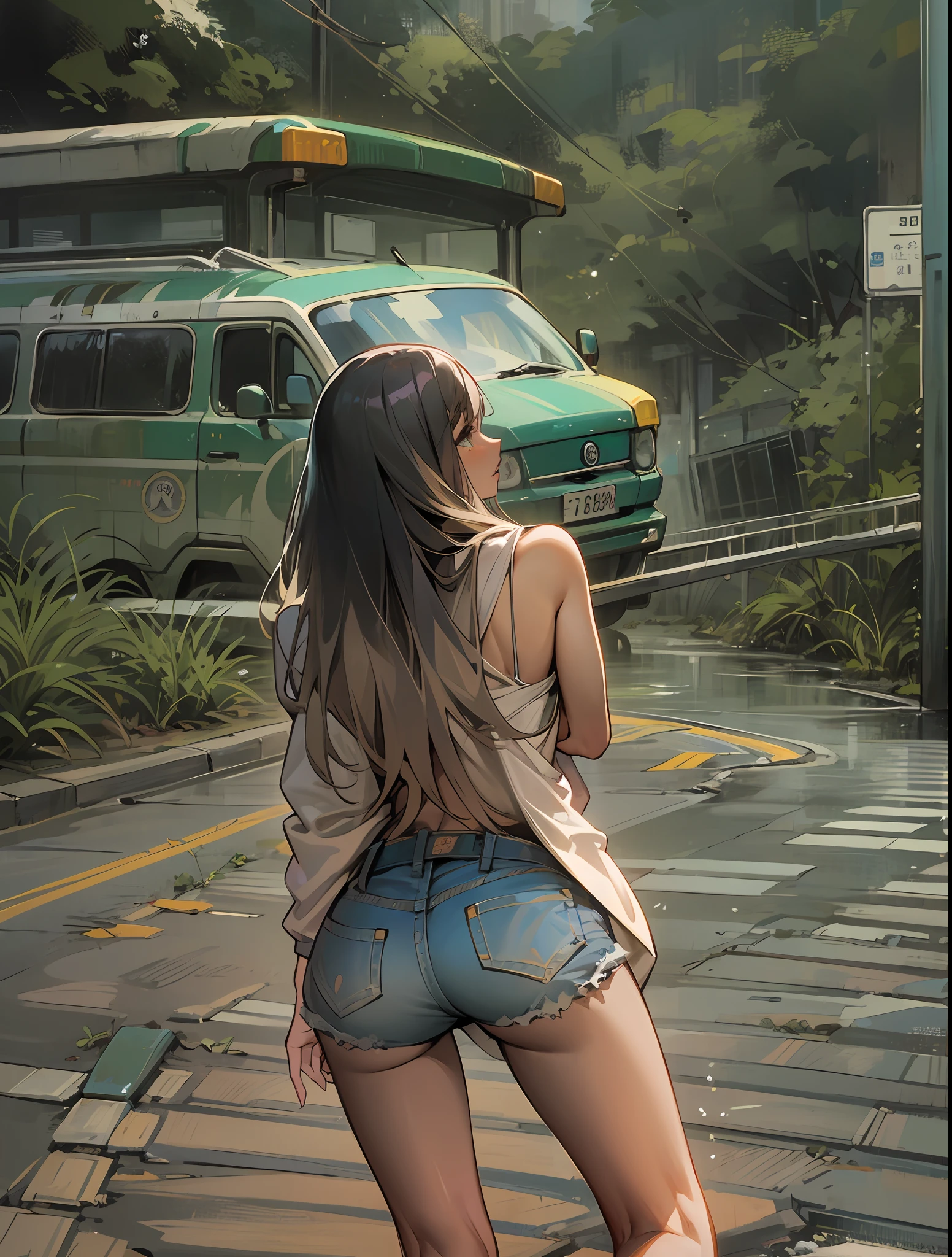 There's a very sexy 30-year-old woman in a realistic close-up, hot, despreocupado (Peta Jensen pov), medium dark gray hair and gradient at the ends, cabelo batendo nos ombros, na altura dos ombros, olhos verdes esmeralda, sobrancelha cerrada, olhar penetrante e sensual, nariz esnobado, empinado e arredondado, sardas no rosto, rosto ruborizada, thick lips, boca entreaberta, jaqueta de couro preta usada, Usado, jaqueta aberta para a barriga, totalmente aberta, barriga com piercing, no-bra, not wearing a bra, corpo perfeito e sexy, great contrast, realista, barriga natural marcada, jeans curto curto desabotoado, open zipper, sem calcinha, does not wear panties, quadril largo, pele com sardas, peitos grandes (Oppai), massivos, Mamalhuda, Seios enormes (peitos grandes) e molhados, drops of water running over your body, seios molhados, algumas poucas sardas nos seios, seios arredondados e volumosos, mamilos estufados e molhados, well visible, molhada, pingos de chuva, tempo nublado e fechado, Realistic cinematic light, dust particles in the air, parada olhando para cima, vista de cima, close de cima, View from above, olhar de cima, wearing sneakers, Sneakers tied, branco com linhas azuis, Stop at a bus stop on the road, estrada na coluna, lugar afastado, banco velho e bem sujo, descascando, Mooring, Great details, realista,estrada abandonada, com chuva leve, rusty road signs, mato seco, quadril largo, ajeitando os cabelos, realista, 4k, profundidade,
