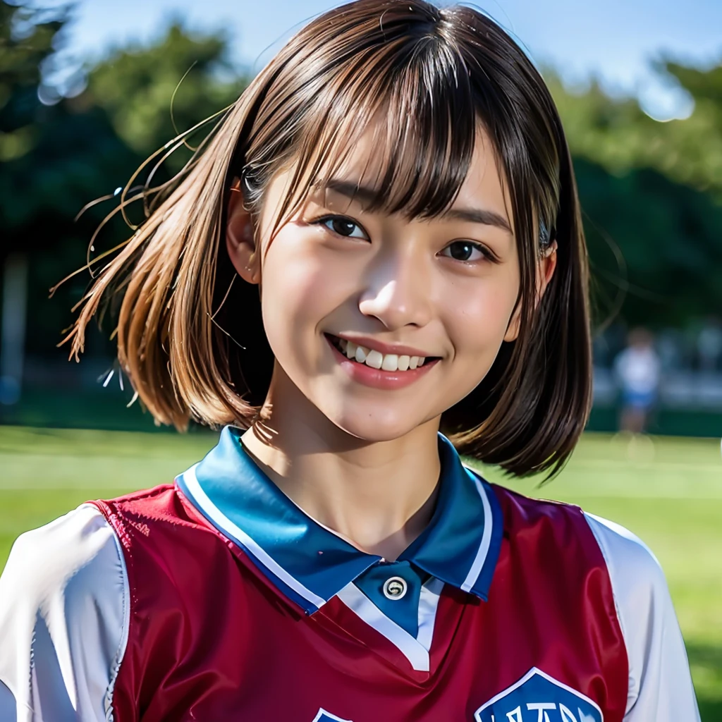 (Best Quality, masutepiece, Ultra High Resolution, (Photorealistic:1.4), Raw photo), (Angle from below, Butt to shoulder closeup), 1 girl, (cheer girl, Cheerleader Uniforms), 16 years old, (Small buttocks, ultra gigantic tits), Black medium bob hair, Very beautiful face, Very beautiful eyes, Smile, Dynamic Pose, Detailed arm, beautiful and shiny skin, small ass