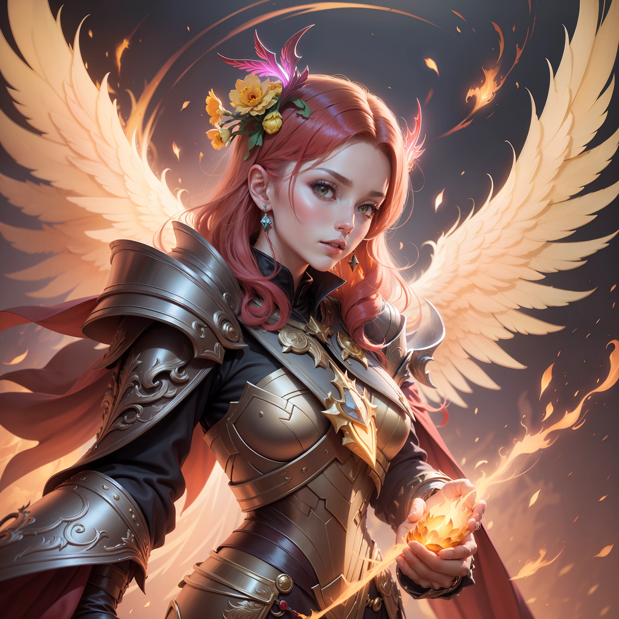 Female Paladin wearing Radiant Gold Light Armor with Polished Steel Pauldrons, emitting Divine Auras and Angelic Wings , Ruby Red Mage Robe with Fiery Ember Trims: The trims of the robe flicker with a warm, fiery glow, reminiscent of embers., (Nouveau-Riche,Jonquil Trail color background:1.3),