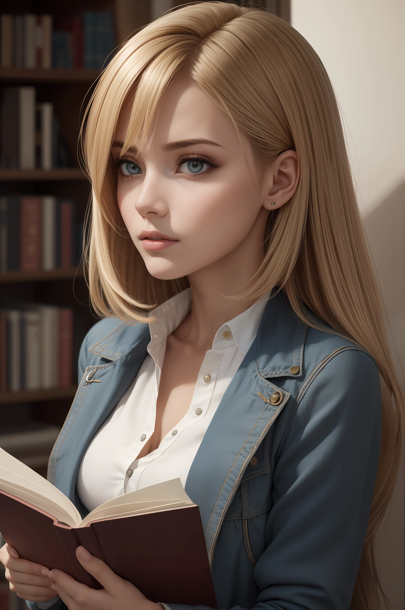 1woman lendo um livro antigo, cabelos loiros, olhos azuis, vestindo jaqueta branca, (rosto bonito:1.15), (((fundo plano))), ultra realista, obra-prima, melhor qualidade, fundo cibernetico futurista
