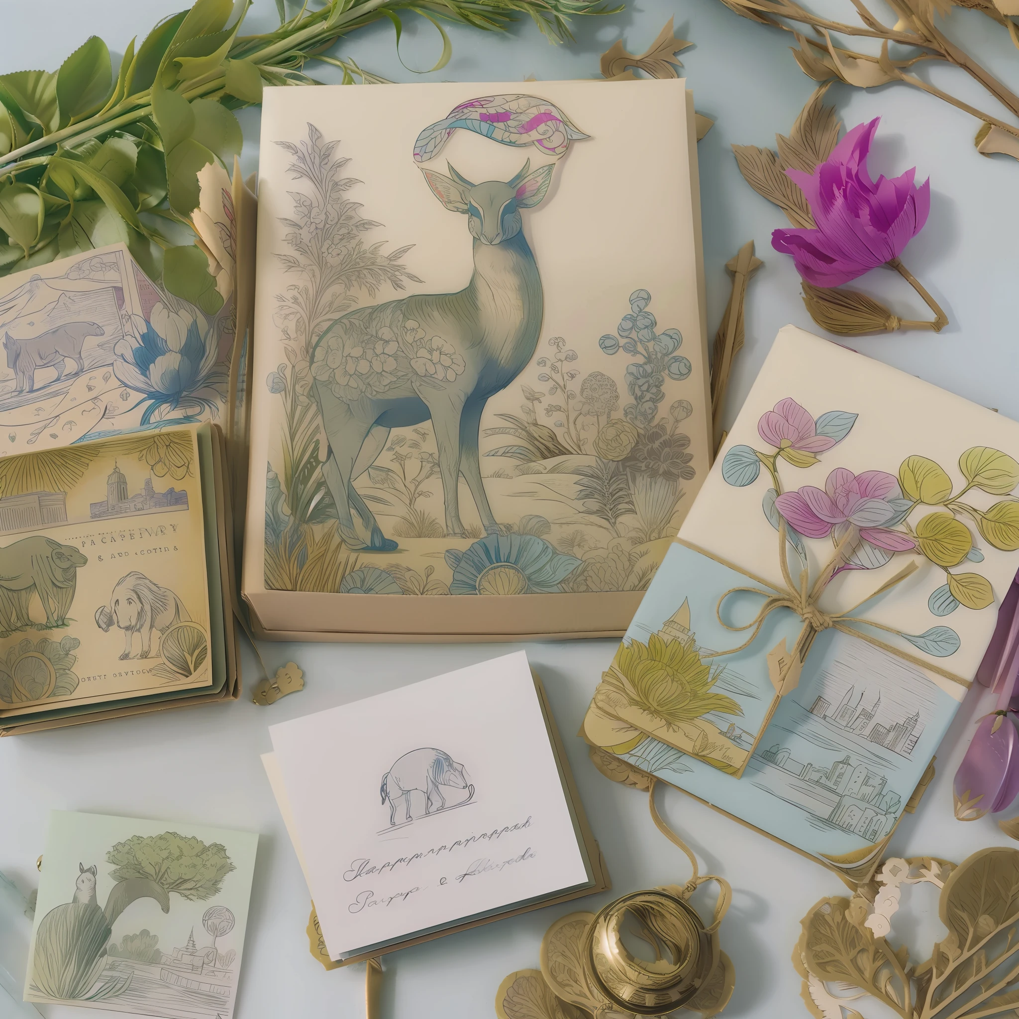 Paper & Lace shop page with gift cards，Stamp pad and, Colorful still life style, romanticized landscapes,, Playful and whimsical depictions of animals, Rich in color