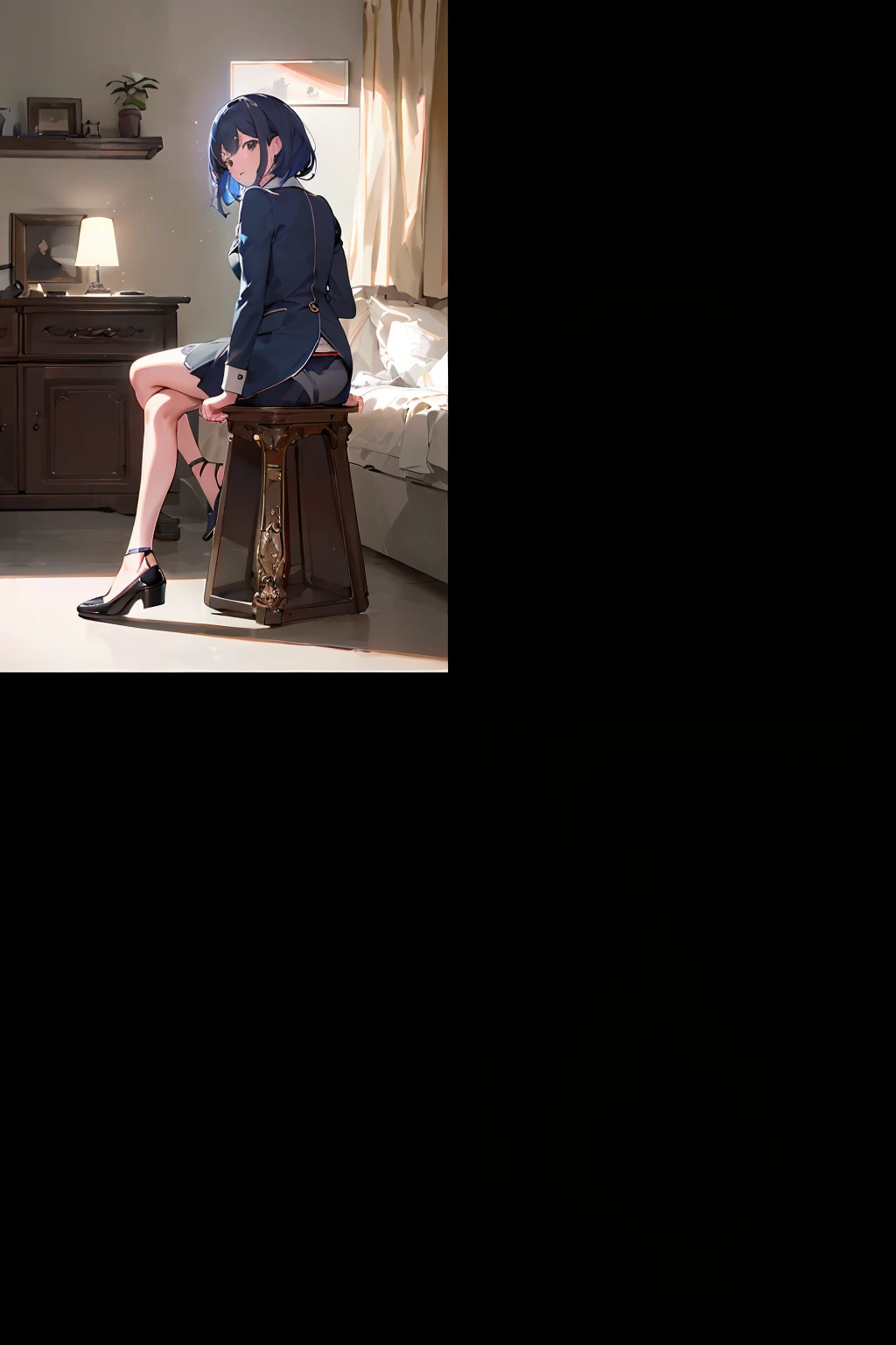 sit on a bed,Spread the legs to reveal the bottom of the skirt