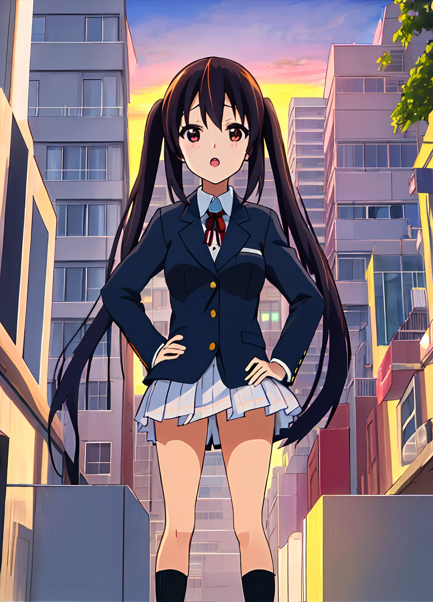 1girl, (((masterpiece))), top-quality, top-quality, High Details, nakano azusa, 1girl, Sakuragaoka High School Uniform, student clothes, Twin-tailed, length hair, A dark-haired, brown-eyed, 独奏, reddish, Dark blue blazer with thin red ribbon, Solid white buttoned shirt under blazer, illustratio, comic strip, soothing tones, Subdued Color, Soft cinematic light, adobe lightroom, photolab, HDR, intricately and hyper-detailed、(((depth of fields))))。(((masterpiece)))。(((top-quality))).)((ultra-detailliert)))。(((illustratio)))。(((takeout))).dynamic focus.big breasts.(((Skyscrapers))).(((A city scape))).(((Face of sadness))). open mouth.(((put hands on the hip))).(((up chest))).((evening glow)).((the setting sun)).