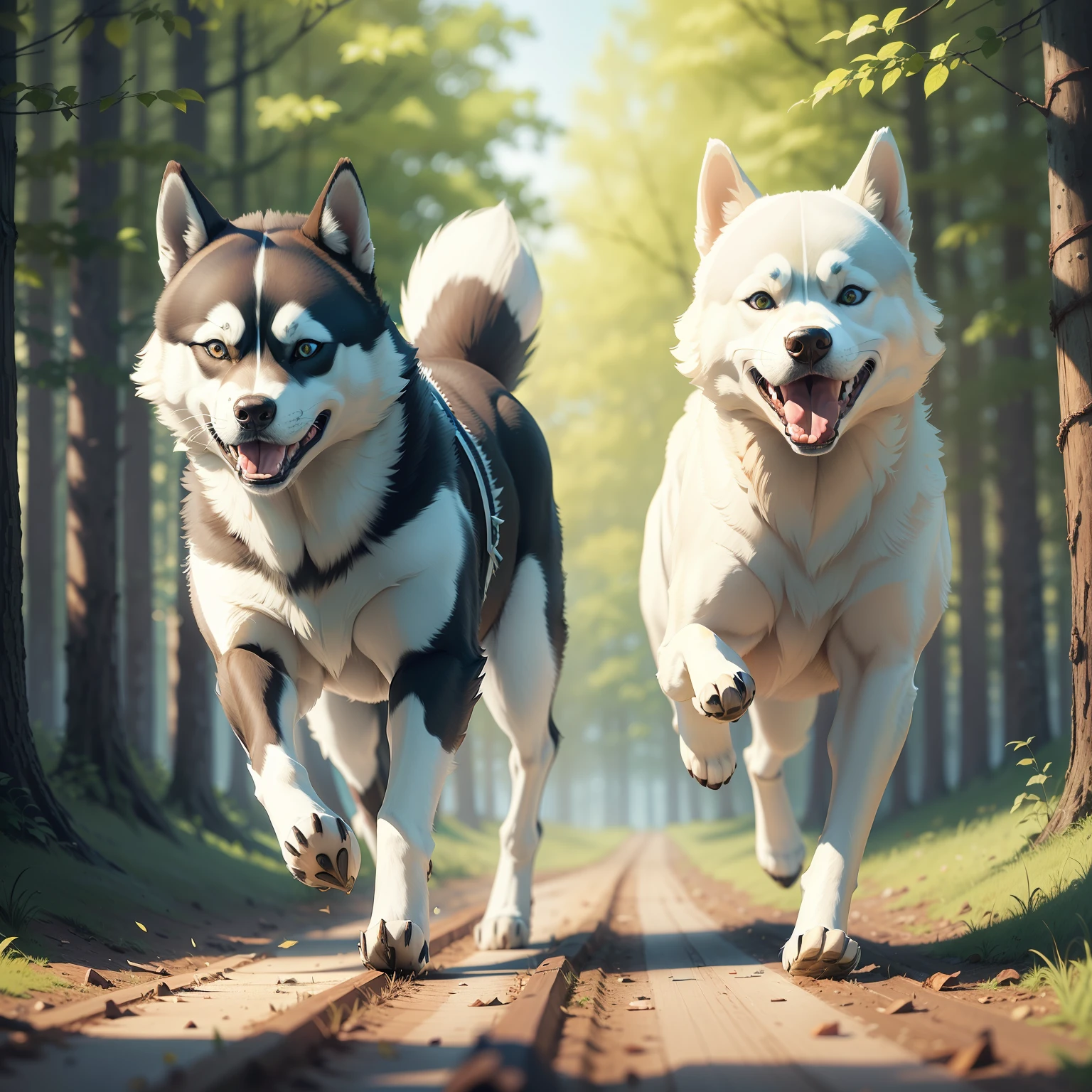 Huskies are running,The sun shines into the woods,cheerfulness,The details are clear,Green meadow,Realiy