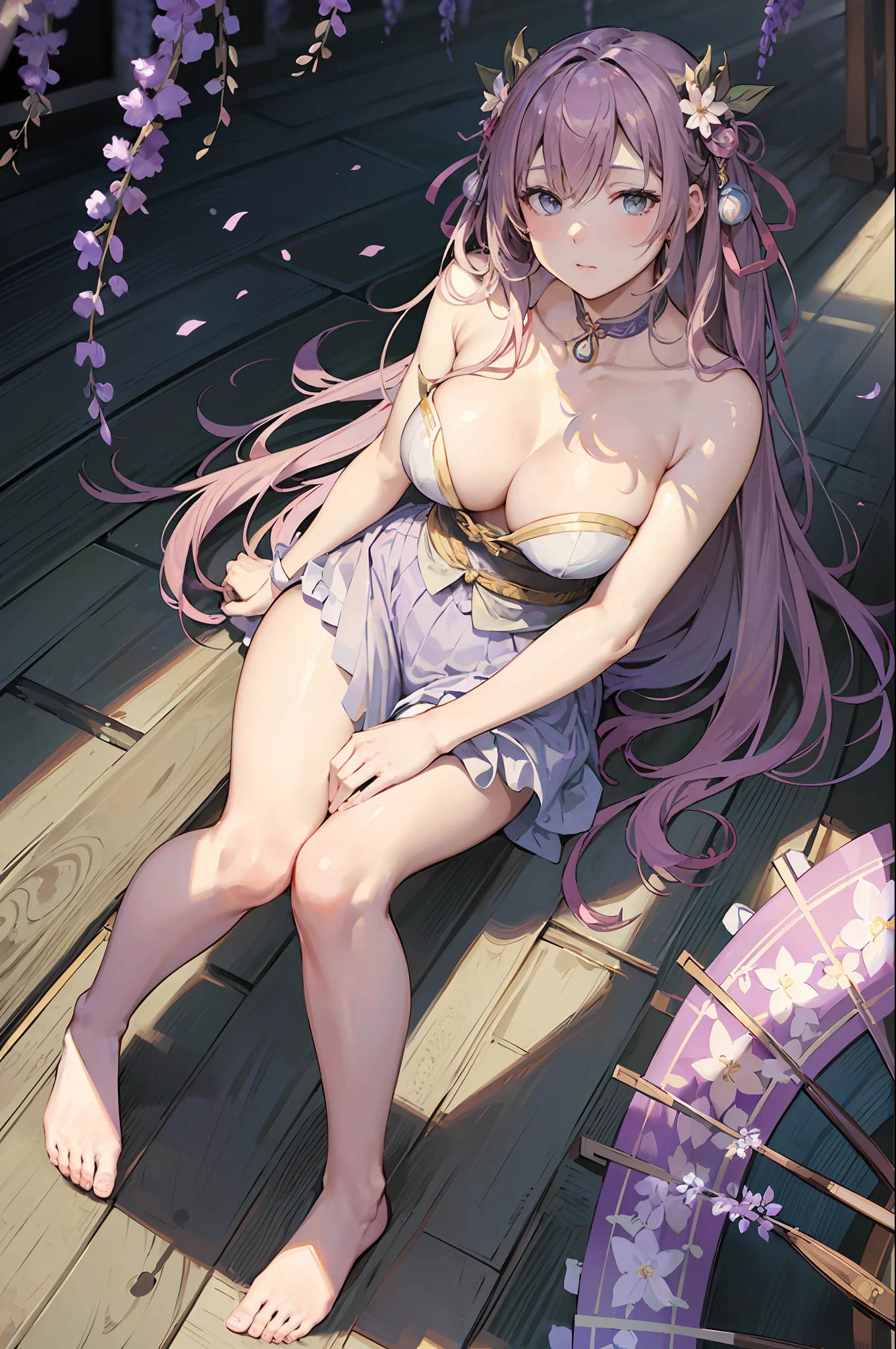 Personification of wisteria flowers、Frame Japan Village、Decorative panel、abstract  art、By Alphonse Mucha (​masterpiece、top-quality、hight resolution: 1.4)、More about realism、intricate-detail、4K、color splashes、line-drawing、Fibonacci、