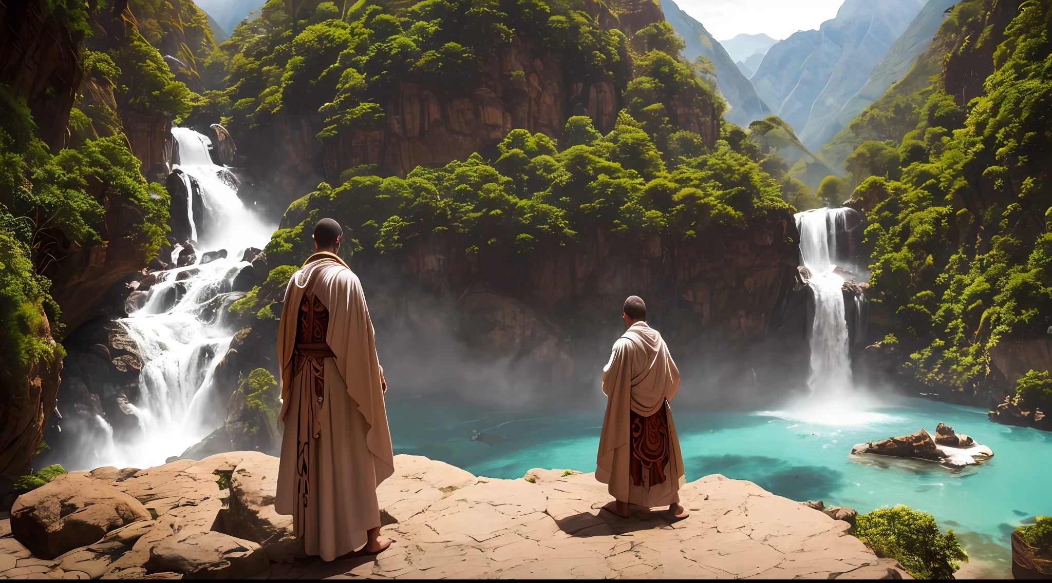 "Sacerdotisa voluptuosa y misteriosa meditando en un paisaje encantador cerca de una cascada, Dressed in a sacred robe and adorned with tattoos and piercings, framed by a magnificent Hindu temple. The image is an ultra-realistic representation captured in stunning detail." --auto