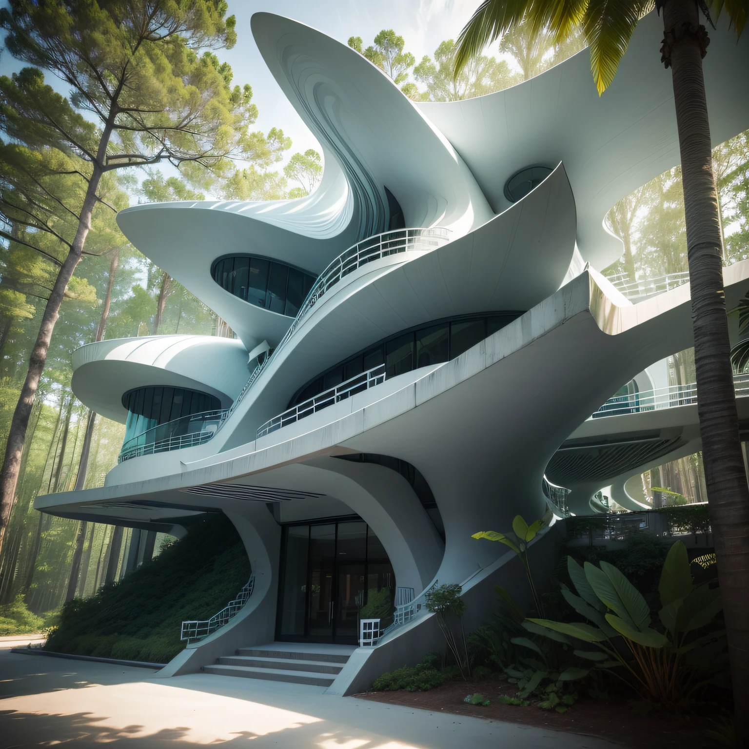 "Zaha Hadid style,conch,Hotel,Inside a primeval forest,Architecture and trees live in symbiosis,The building is low。"