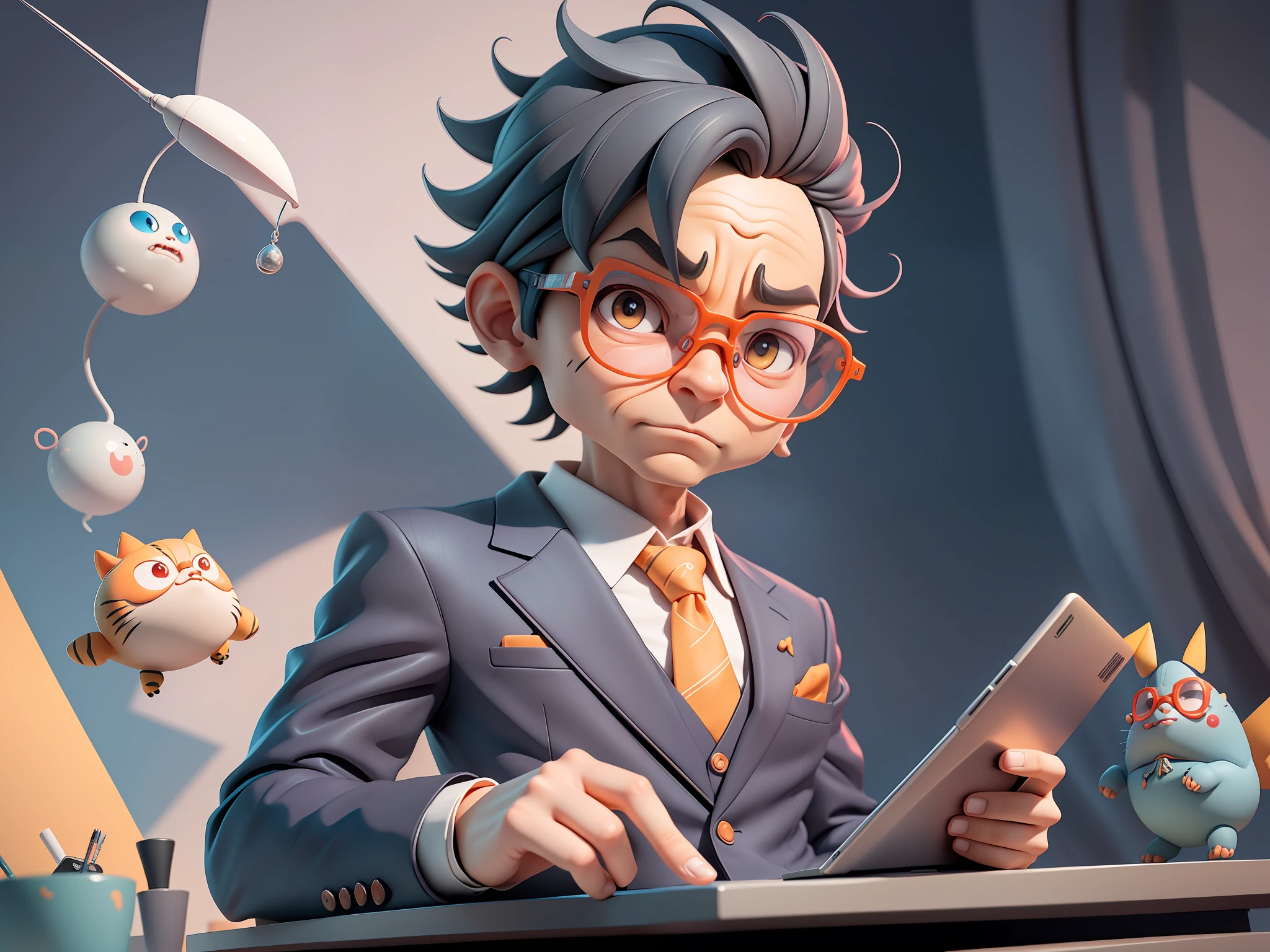 A young man in a suit, Short hair and glasses sat at his desk,holding laptop,digitial painting,tigre,3D character design by Mark Clairen and Pixar and Hayao Miyazaki and Akira Toriyama,4K HD illustration,Very detailed facial features and cartoon-style visuals。
