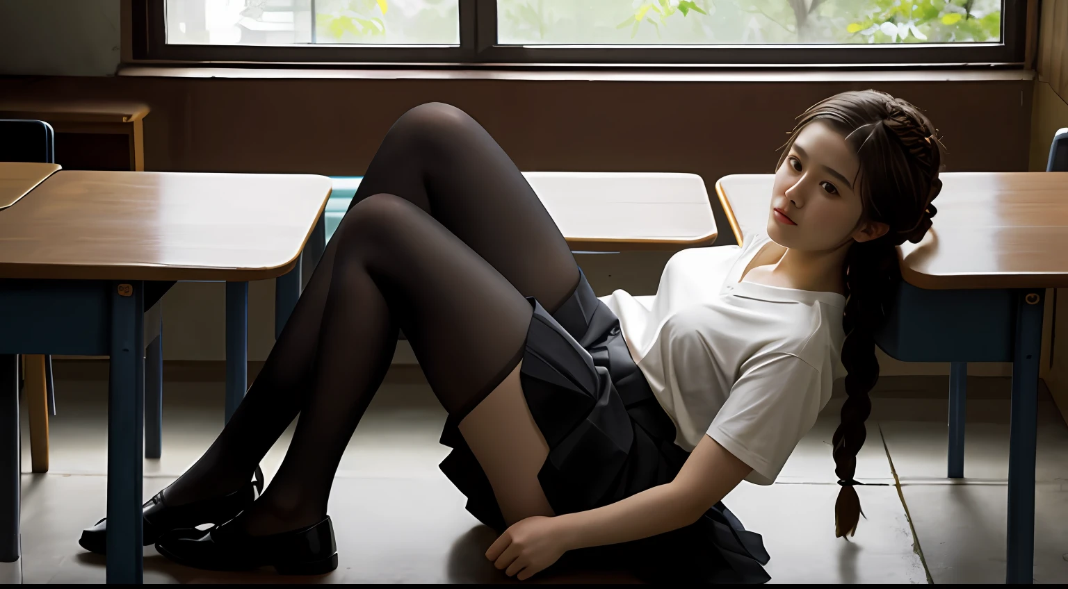 Beautiful young Ellen, cotton shirt, pleated skirt, dark tights, Uwabaki, from The Last of Us part 1, game, hyperrealistic, 14 years old, model body, small breasts, beautiful breasts, long hair, braided hair, long legs , 8k, detailed scenery, classroom in Korea, sunlight sun, ambient lighting