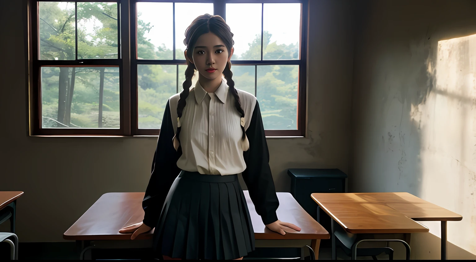 Beautiful young Ellen, cotton shirt, pleated skirt, dark tights, Uwabaki, from The Last of Us part 1, game, hyperrealistic, , model body, small breasts, beautiful breasts, long hair, braided hair, long legs , 8k, detailed scenery, classroom in Korea, sunlight sun, ambient lighting