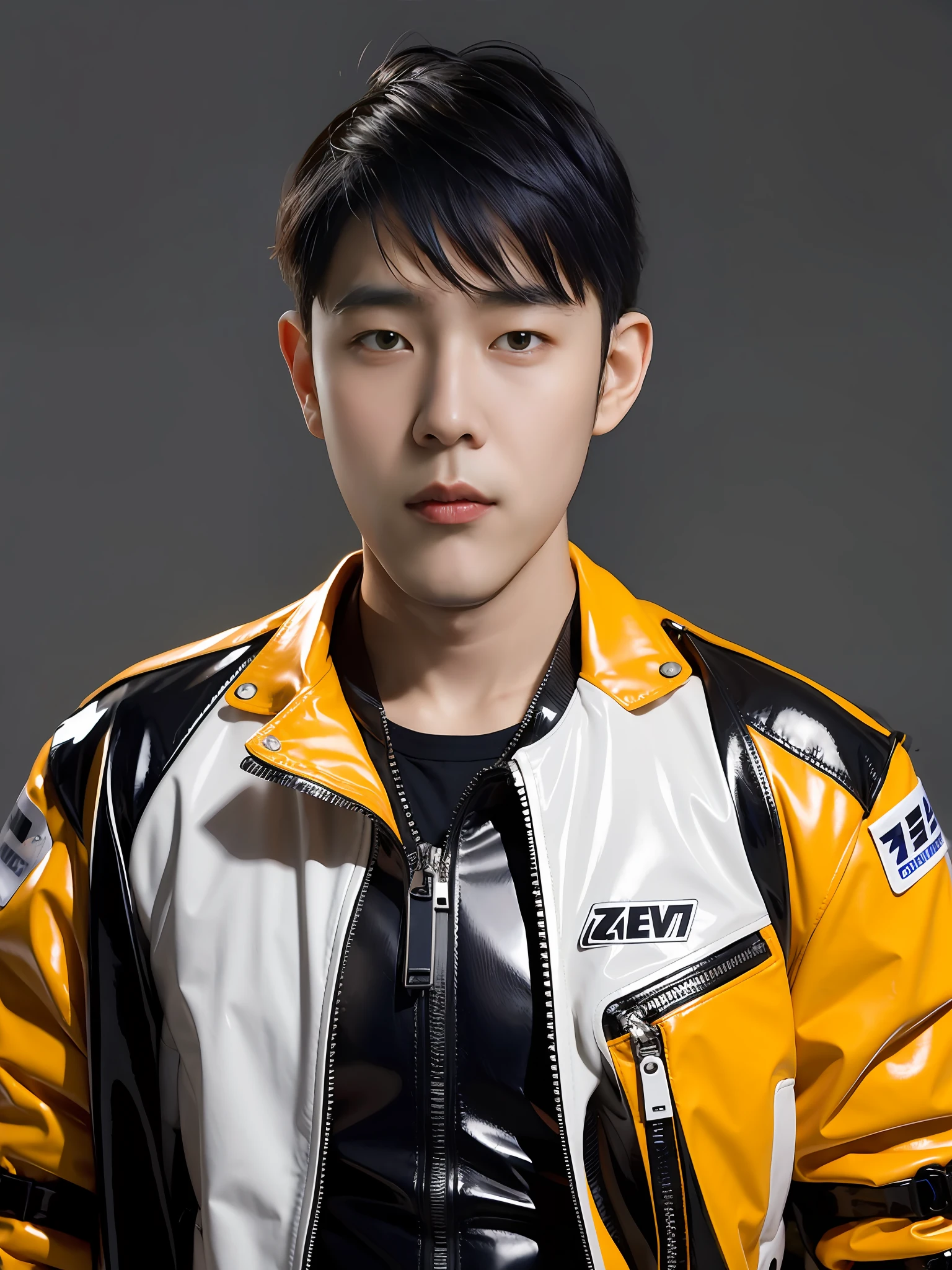 A Chinese male high school student,Wear PVC fashion leather jacket,There are zippers