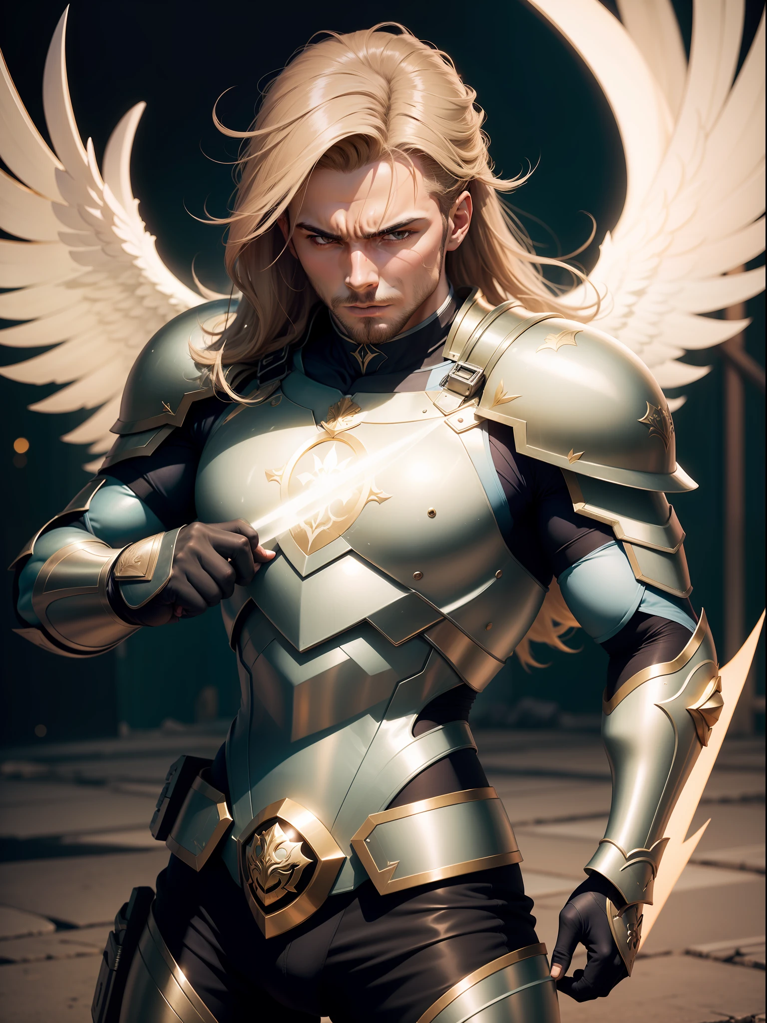 Post em alta qualidade de uma guerreiro anjo homem da luz, musculoso, armadura branca e dourada estilo anime 4k