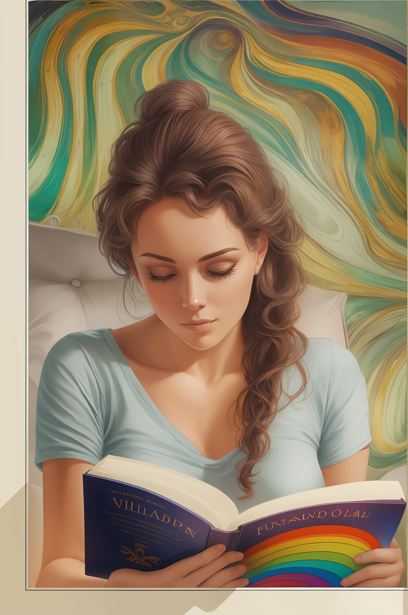 1woman lendo um livro antigo, cabelos loiros, olhos azuis, vestindo blusa  branca,  (rosto bonito:1.15), (((fundo plano))), ultra realista, obra-prima, melhor qualidade, fundo com arco iris vibrante.