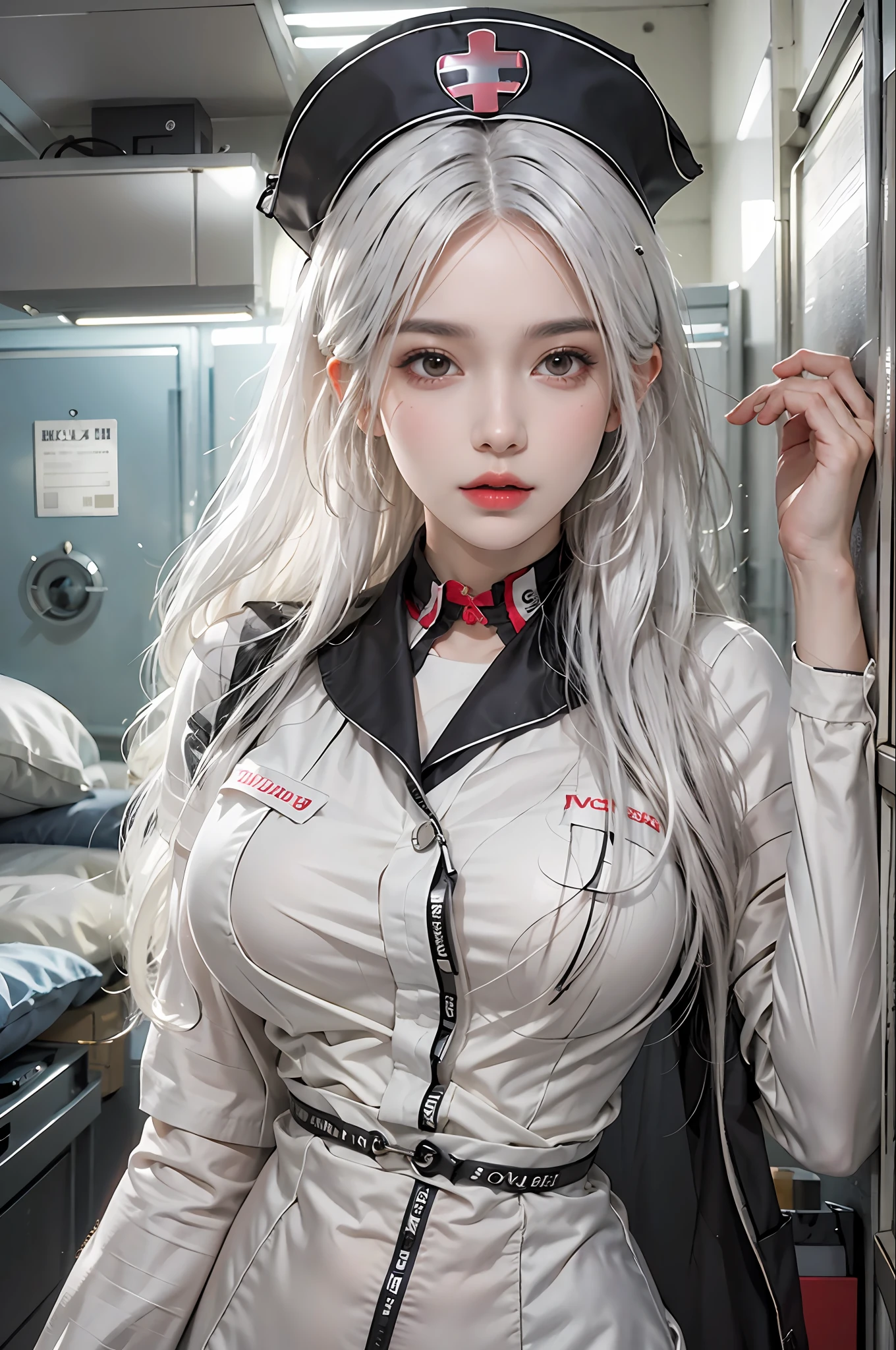 photorealistic, high resolution, 1women, solo, hips up, look at viewer, (detailed face), white hair, long hair, nurse outfit, stockings