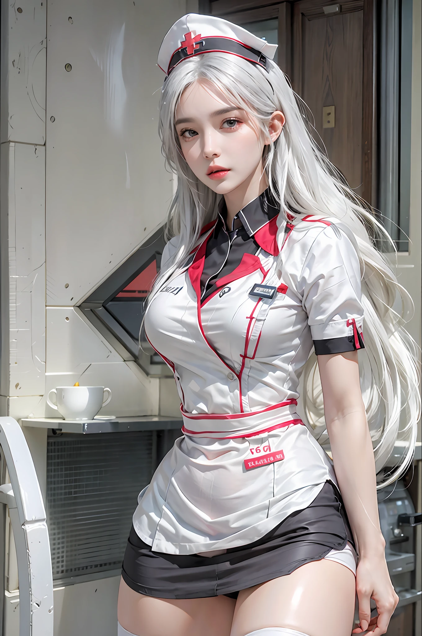 photorealistic, high resolution, 1women, solo, hips up, look at viewer, (detailed face), white hair, long hair, nurse outfit, stockings