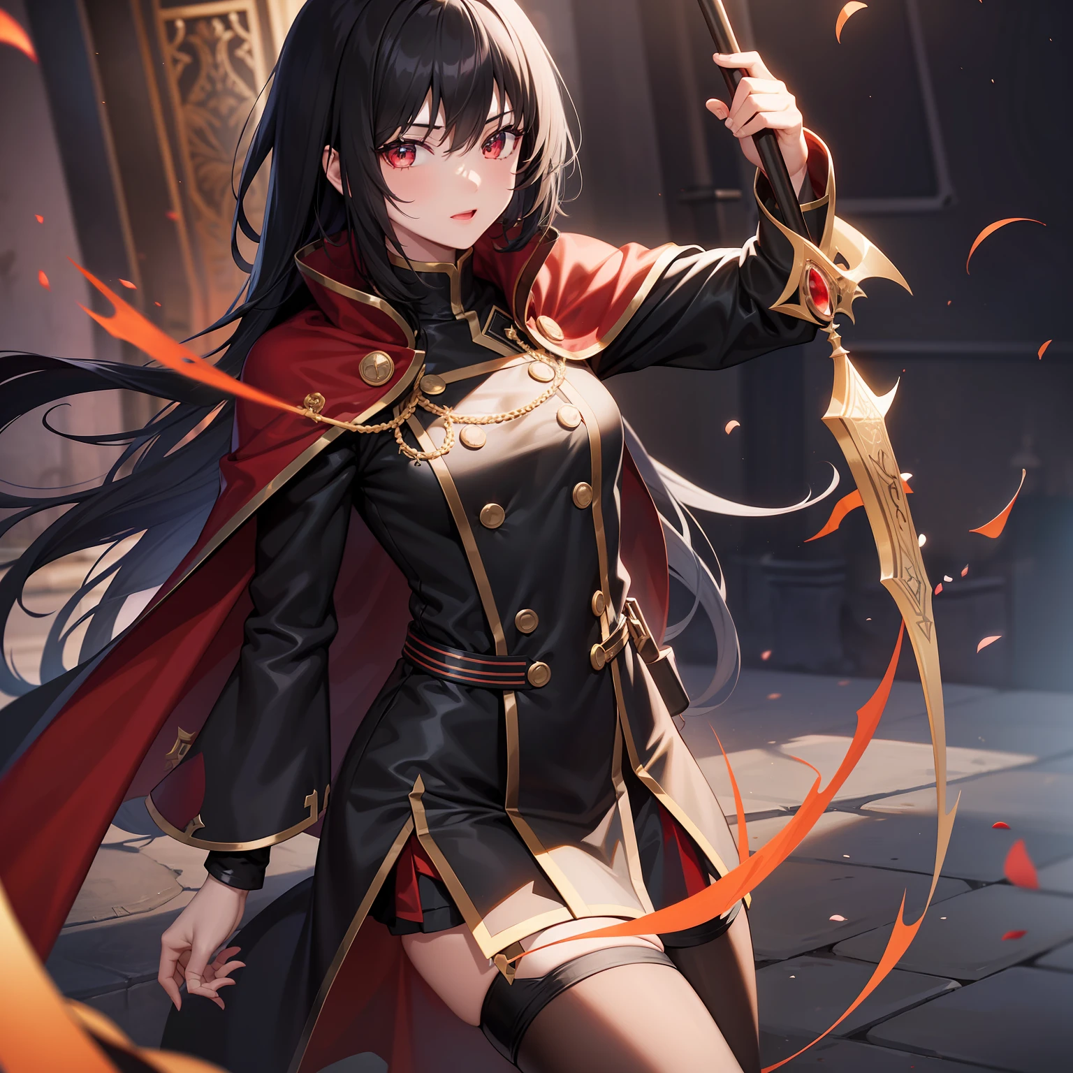 black hair girl, ciano eyes, final fantasy type-0, zero claa outfit, black uniform, small red cape, 4k, final fantasy