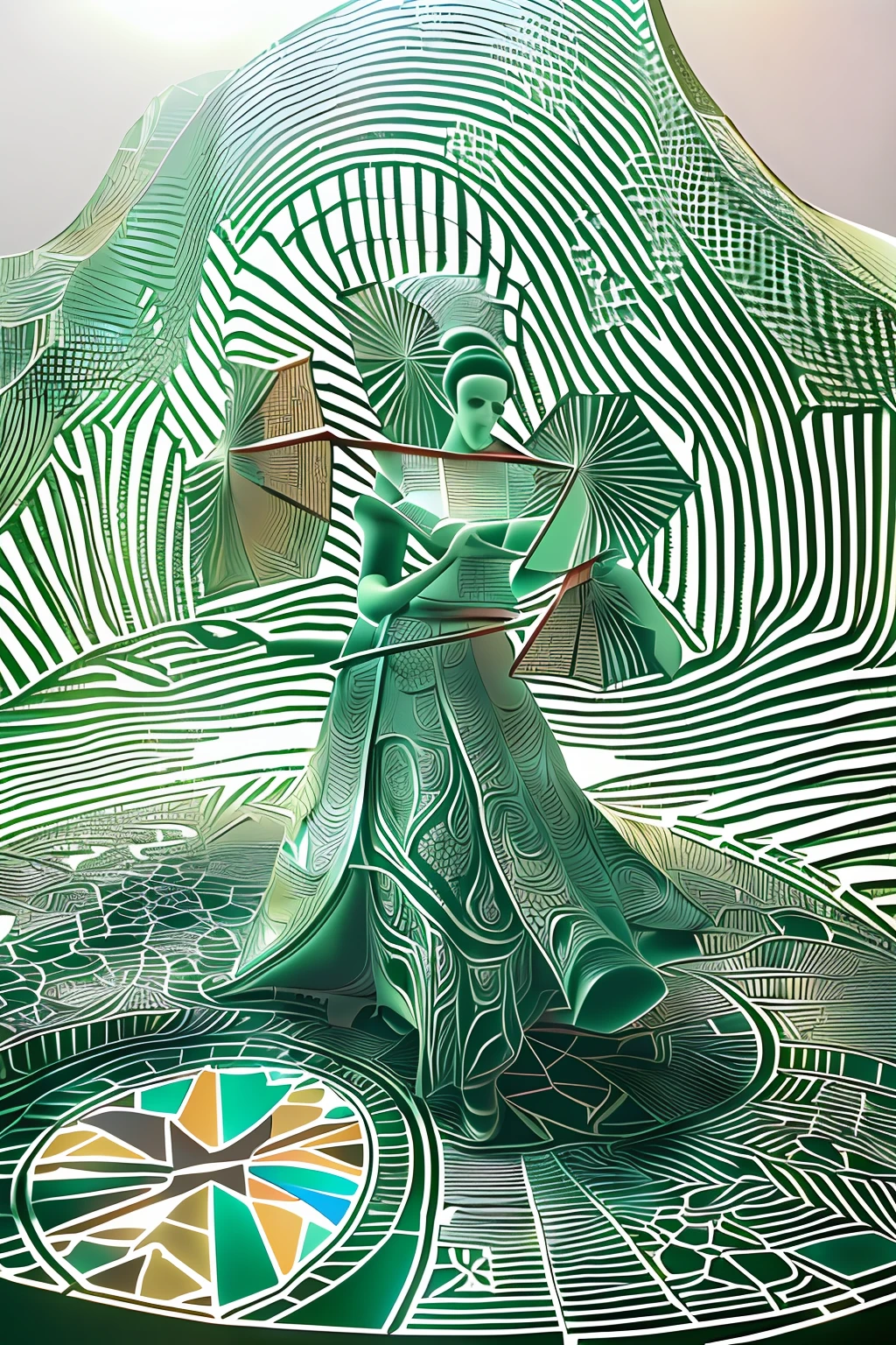 There is a green plate,It has a papier-carved sculpture of a woman holding an umbrella, stylized as a 3d render, Rendered in Cinema4D, rendered in cinema 4 d, 3 d render stylized, stylized 3d render, c 4 d style, daily render, Stylized 3 D, depicted as a 3 d render, rendered in cinema 4 d octane