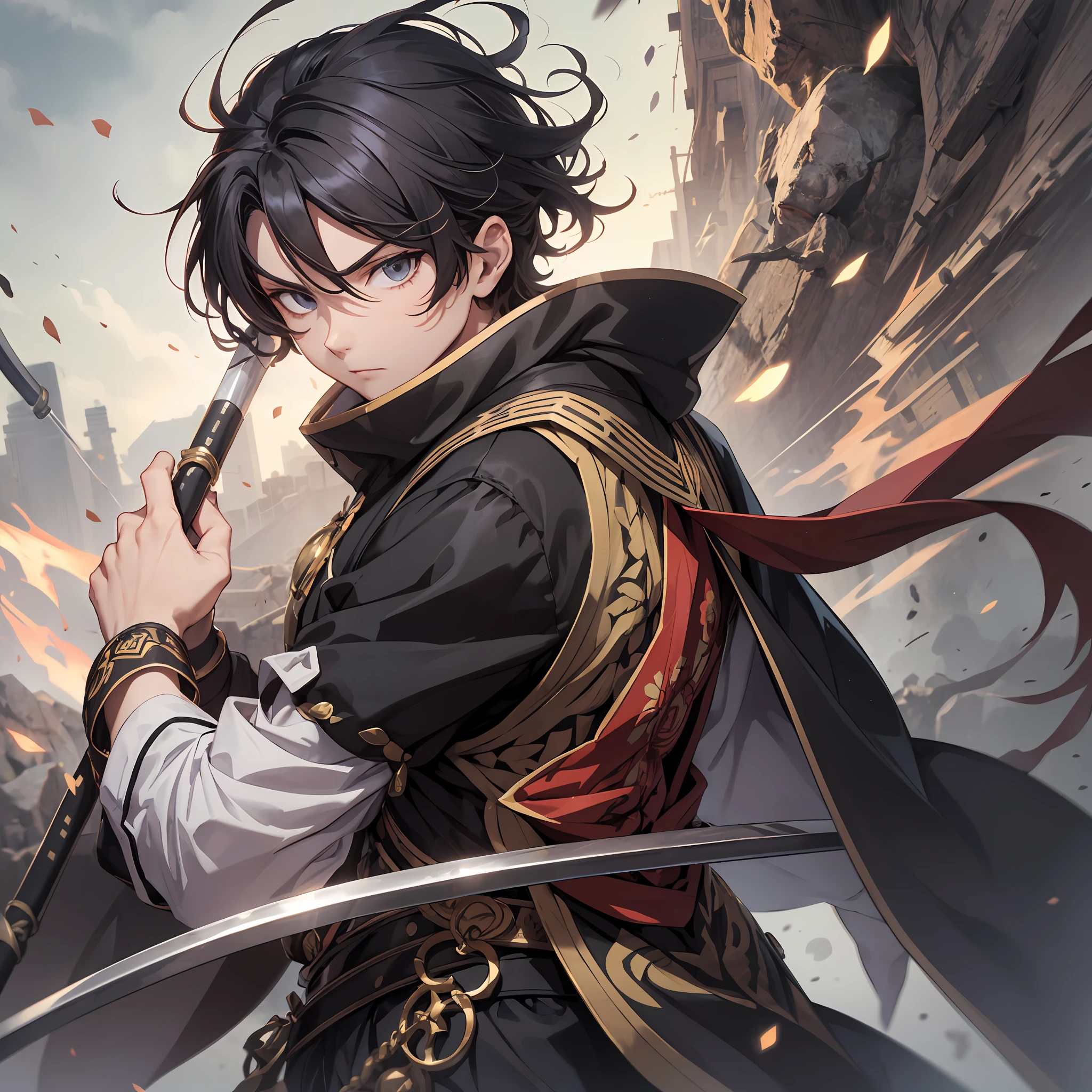 Fantastic Suikoden、The main character of the boy、dinamic pose、Tonfa、nunchaku、A story set in ancient China、Bipolar、Both sides are glaring at each other、Empty background、Magnificent composition