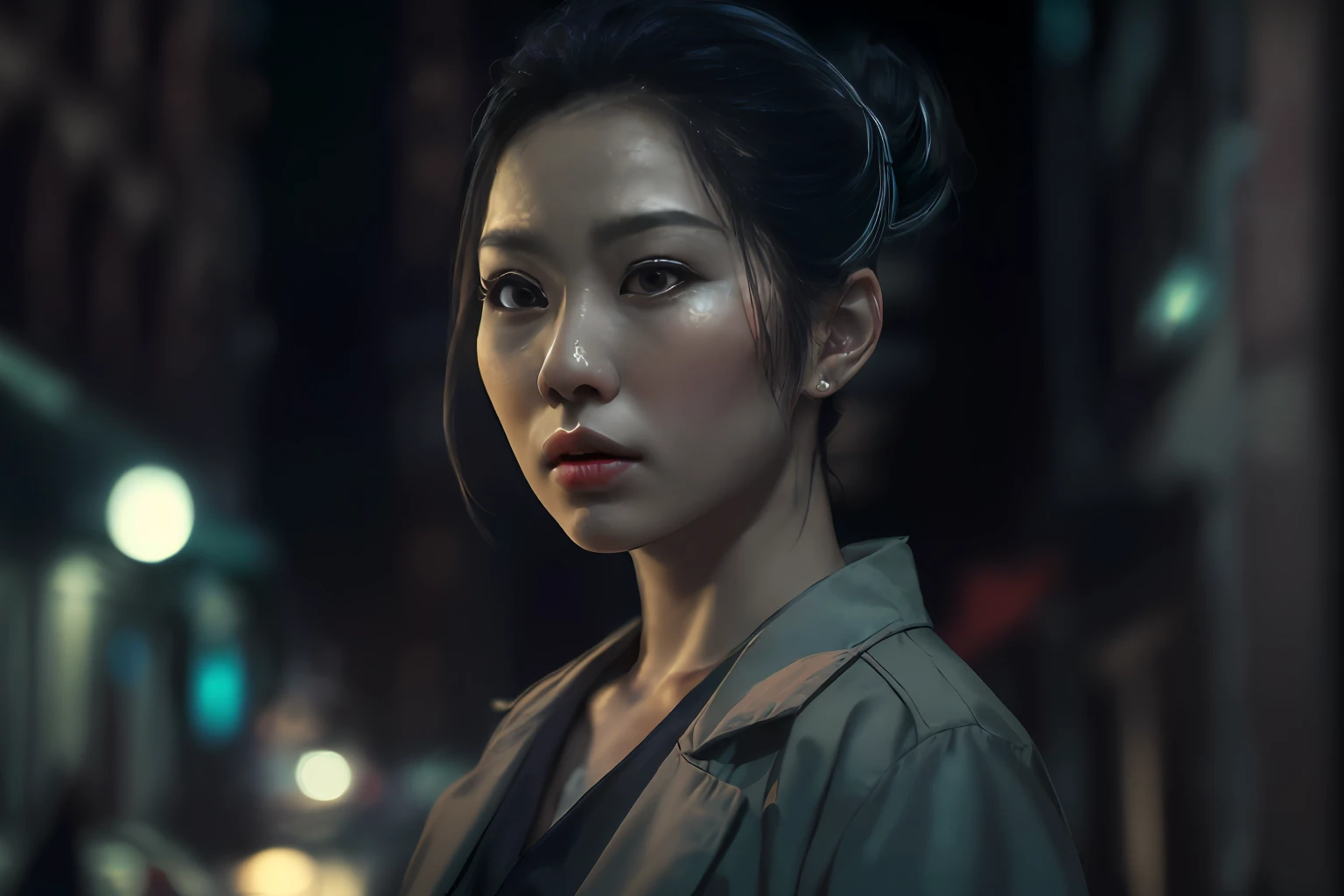 (Character: one chinese woman, 40 years old, high bun in the hair)
(Clothing: gray medical coat, chinese shirt)
(Background: dark alley at night:1.3, intense urban lights in background)
(Style: ((masterpiece:1.5)), (face detailed), photo-realistic:1.3, hyperrealistic, film grain, realistic lighting, backlighting:1.3)