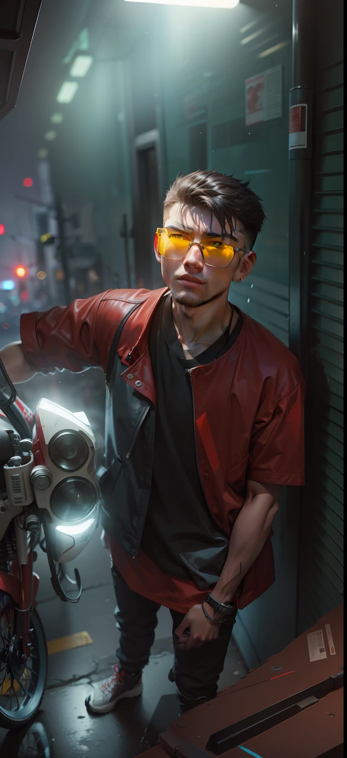 masterpiece, highest quality, realistic, subsurface scattering, chromatic lighting,
colorized, red + yellow + green + blue limited color palette, detailed concept drawing, line-art, illustration,
cyberpunk,
18yo 1man,
extrovert,
slick hair,
red jacket,
arms crossed,
looking mean,
America,
city,
club, people,
wet street surface,
detailed background,