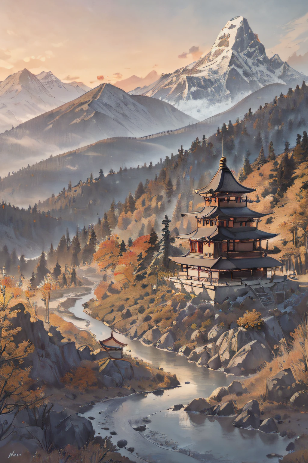(ultra high res,photorealistic,realistic,best quality,photo-realistic), shukezouma, shuimobysim, a chinese temple on foreground, mountain valley, mountains, a tree, autumn