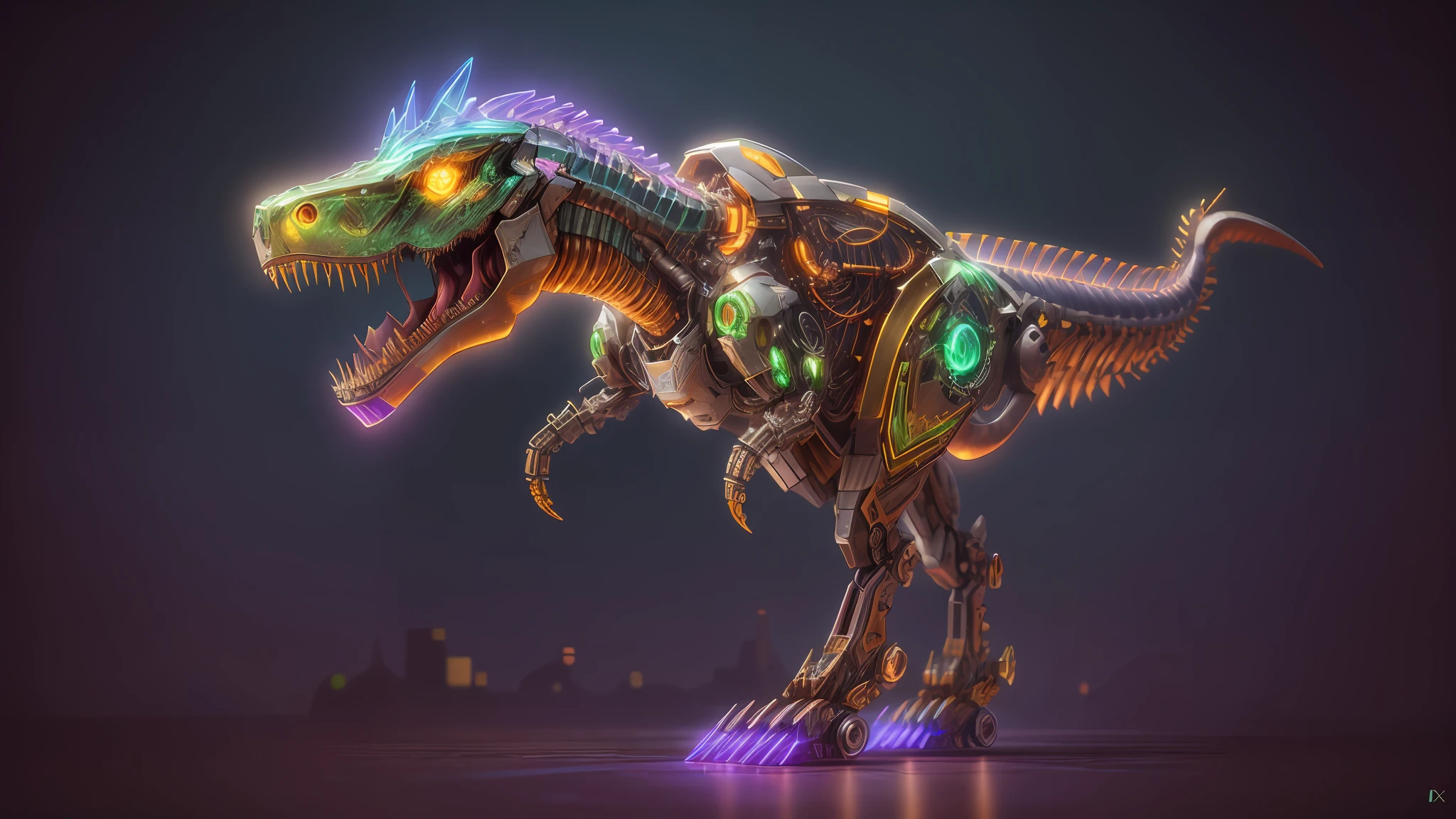 personification,transparent Mechanical Tyrannosaurus Rex,Cyberpunk, Dreamy Glow, Luminous neon lamp, ( Global illumination, raytracing, HDR, unreal render,reasonable design, high detailed, masterpiece, best quality, UHD, Cinematic Lighting), mecha musume