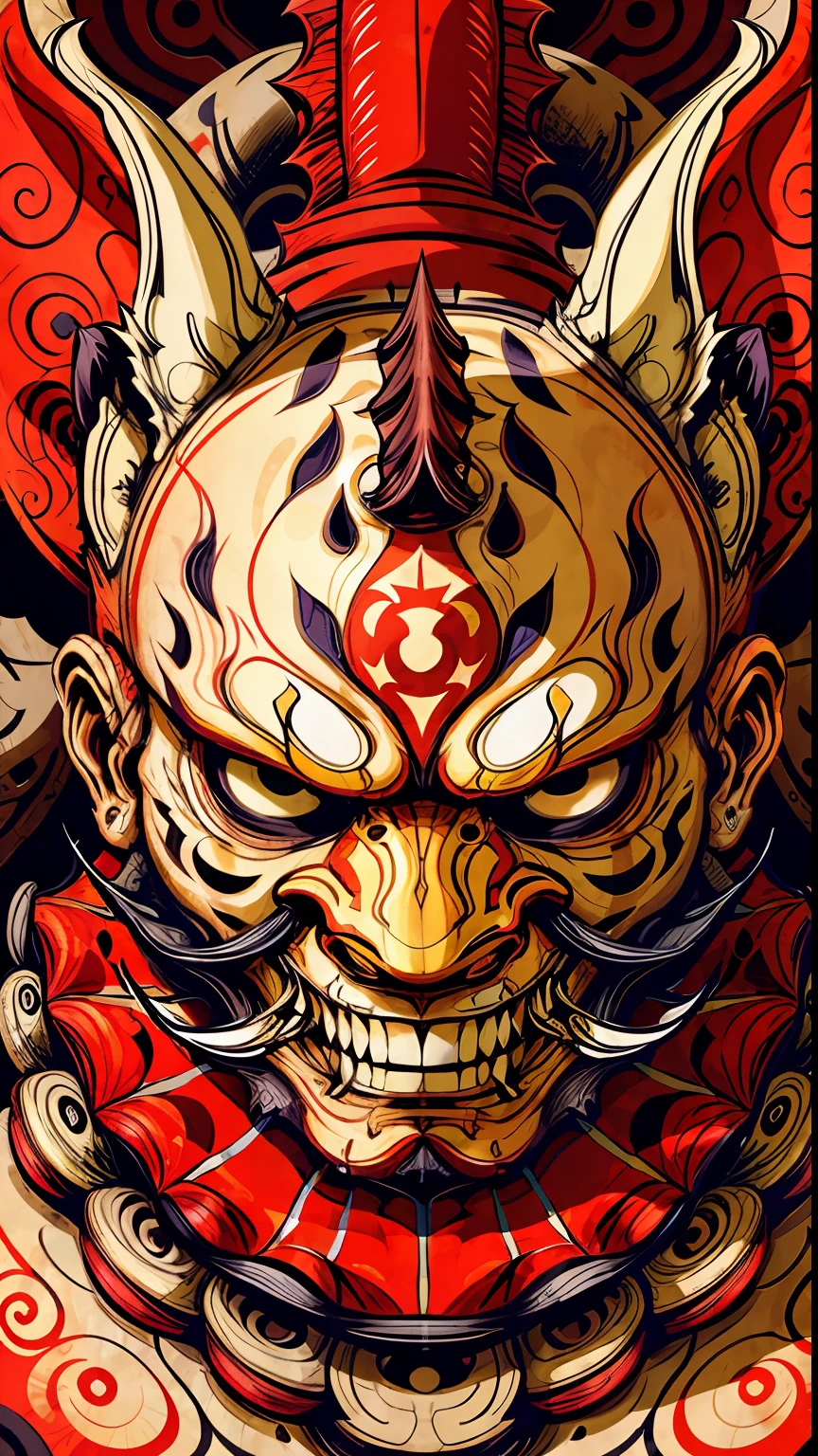 Portrait mask, illustrator, masterpiece, high quality, 8k, high resolution, high detail, Indonesian, (reog: 1.2), horror, evil, smile, front, close-up, looking at the viewer