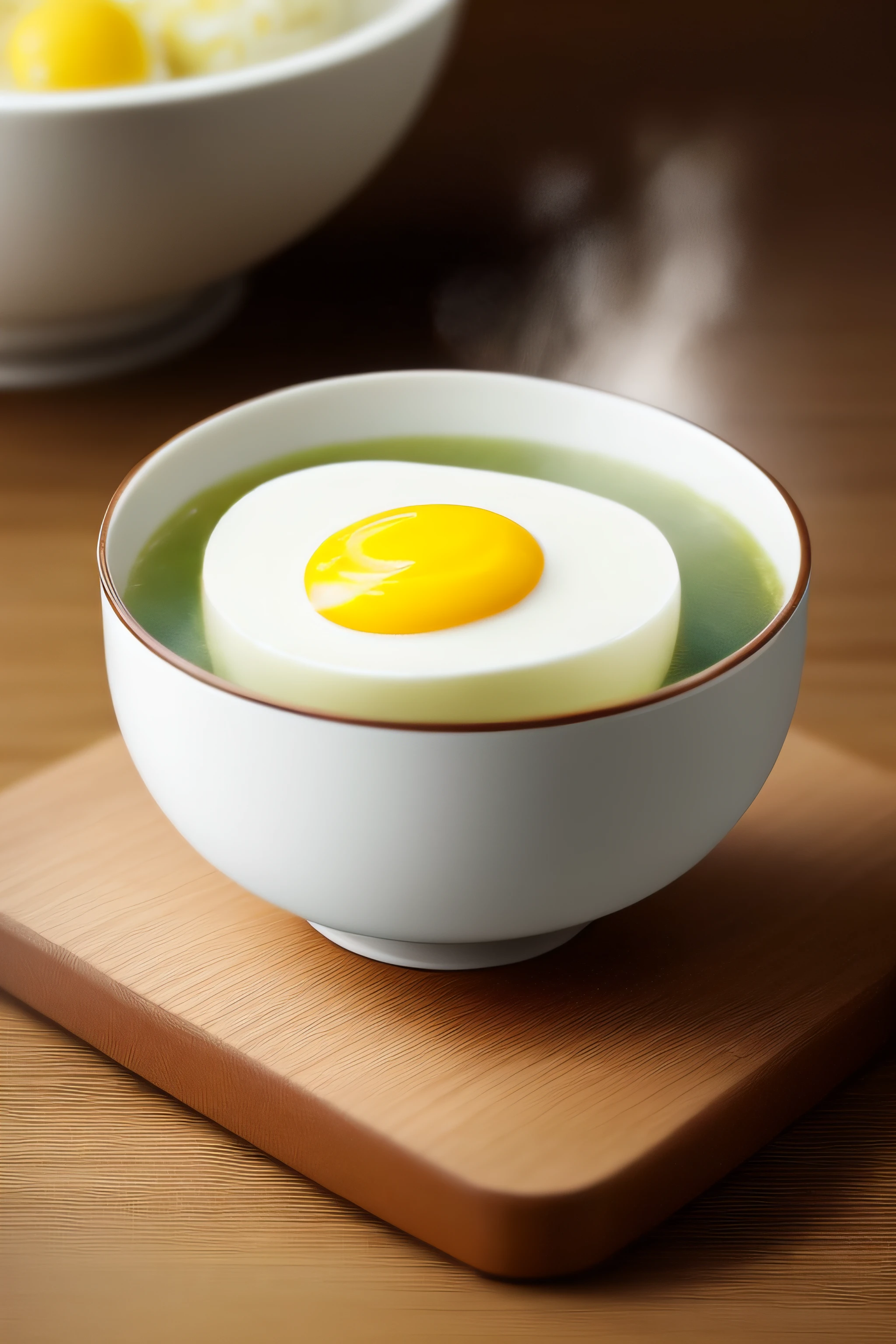 food，photography of，A bowl，Boiled eggs，Hot steam，soft focus，blur backgroun。