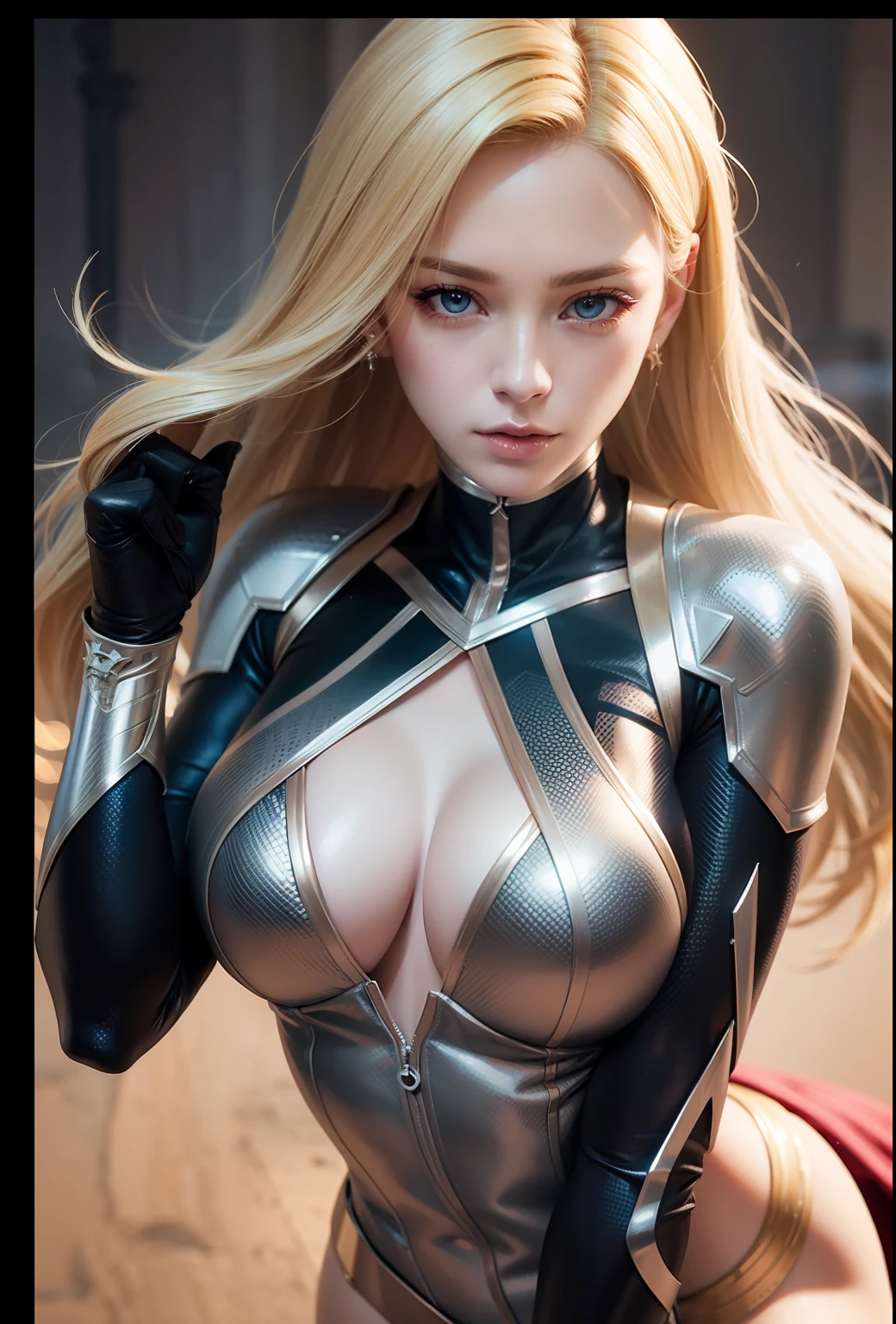 Beautiful superheroine blonde waist, detailed skin, realistic, photo-realistic, 8k, highly detailed, full length frame, High detail RAW color art, piercing, diffused soft lighting, shallow depth of field, sharp focus, hyperrealism, cinematic lighting in combat suit, Ultra HD