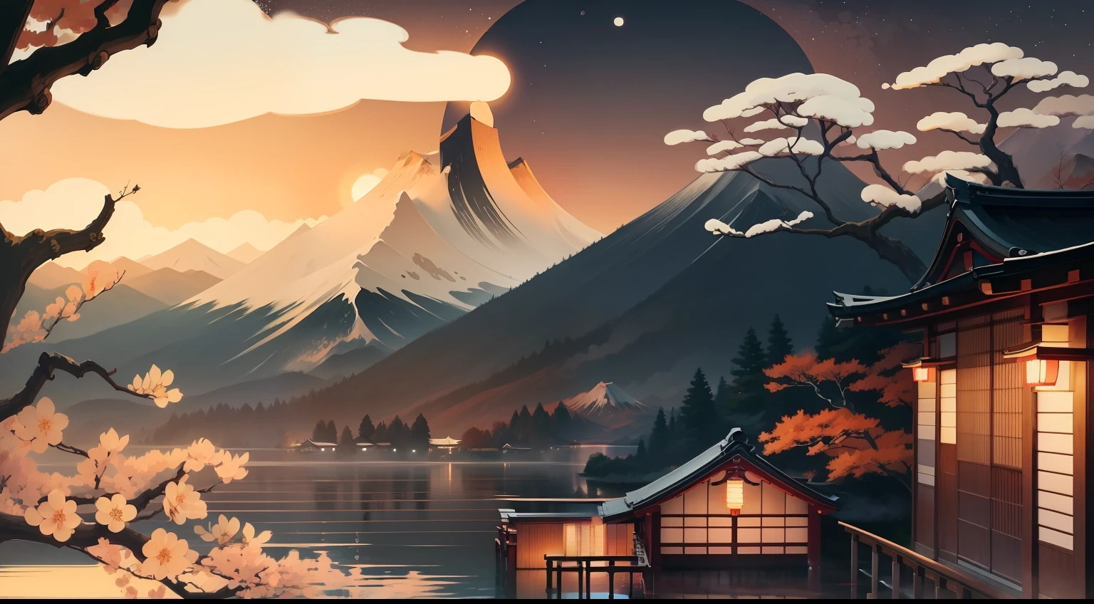 Traditional Japanese art style, calm colors, Japanese colors, the Japanese tradition and building colleges, mountains and lake, sun and moon, all season in Japan, Japan 2D traditional style