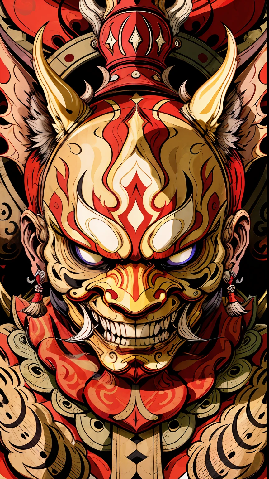 Portrait mask, illustrator, masterpiece, high quality, 8k, high resolution, high detail, indonesian, (reog ponorogo: 1.2), horror, evil, smile, front, close-up, looking at the viewer,