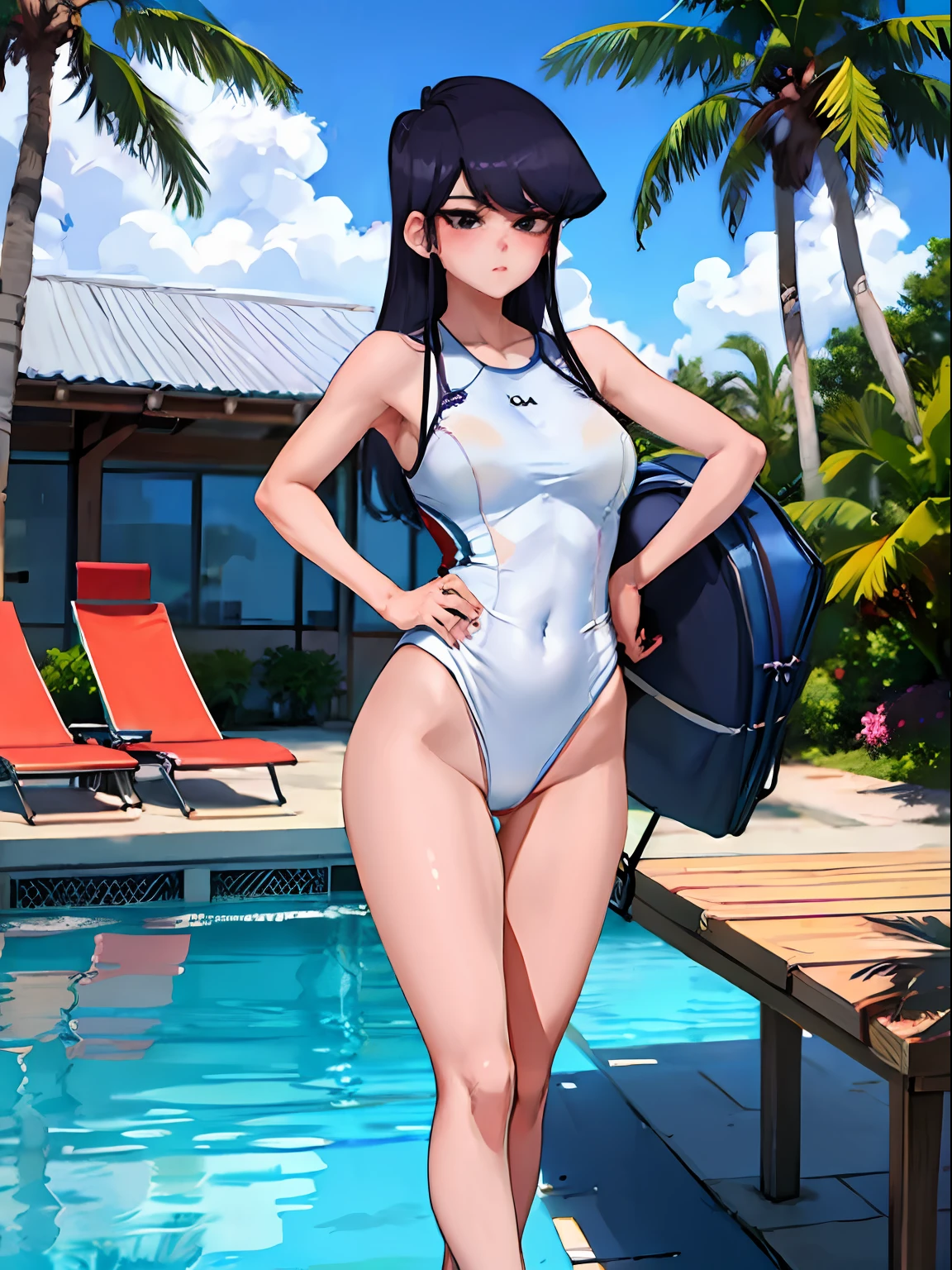 Komi Shouko, micro highleg swinsuit, shy, hand on hip, sandal (background: patio pool, poolchair, palmtrees)