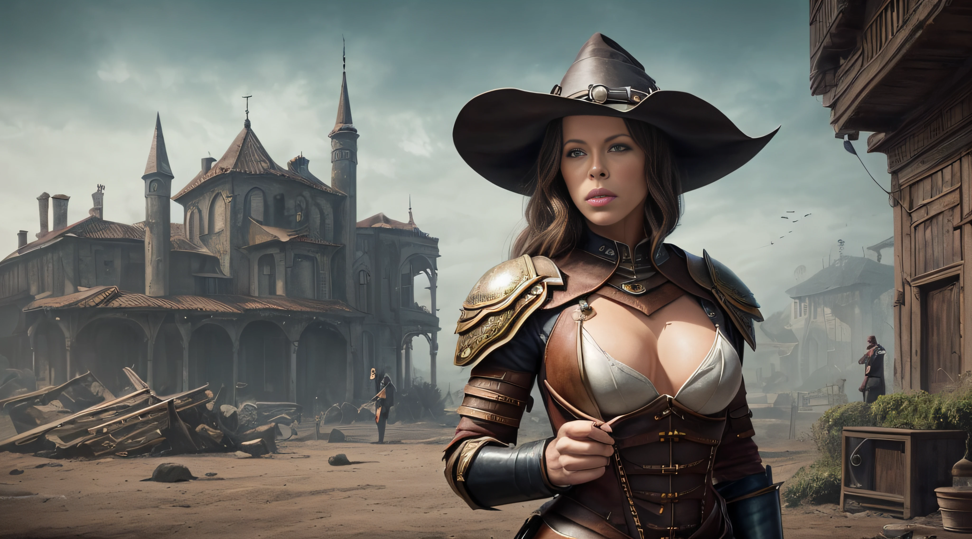 1 female full body, ((Kate Beckinsale)), in a witch hunter style outfit, [Tauromaquia: 1.8], Roupas steampunk vitorianas, (((leather breastplate))), ((quadro de filme ainda) ) , a steampunk city in the background Cinematic, textura natural da pele, 24 mm, Texturas 4k, soft Cinematic Light, Adobe Lightroom, photolab, HDR, intrincado, elegante, altamente detalhado, foco nítido, (( (((cinematic look)) ), tons suaves, detalhes insanos, detalhes intrincados, hiper-detalhado, baixo contraste, soft Cinematic Light, cores escuras, exposure blending, HDR, desbotado, slate atmosphere --auto