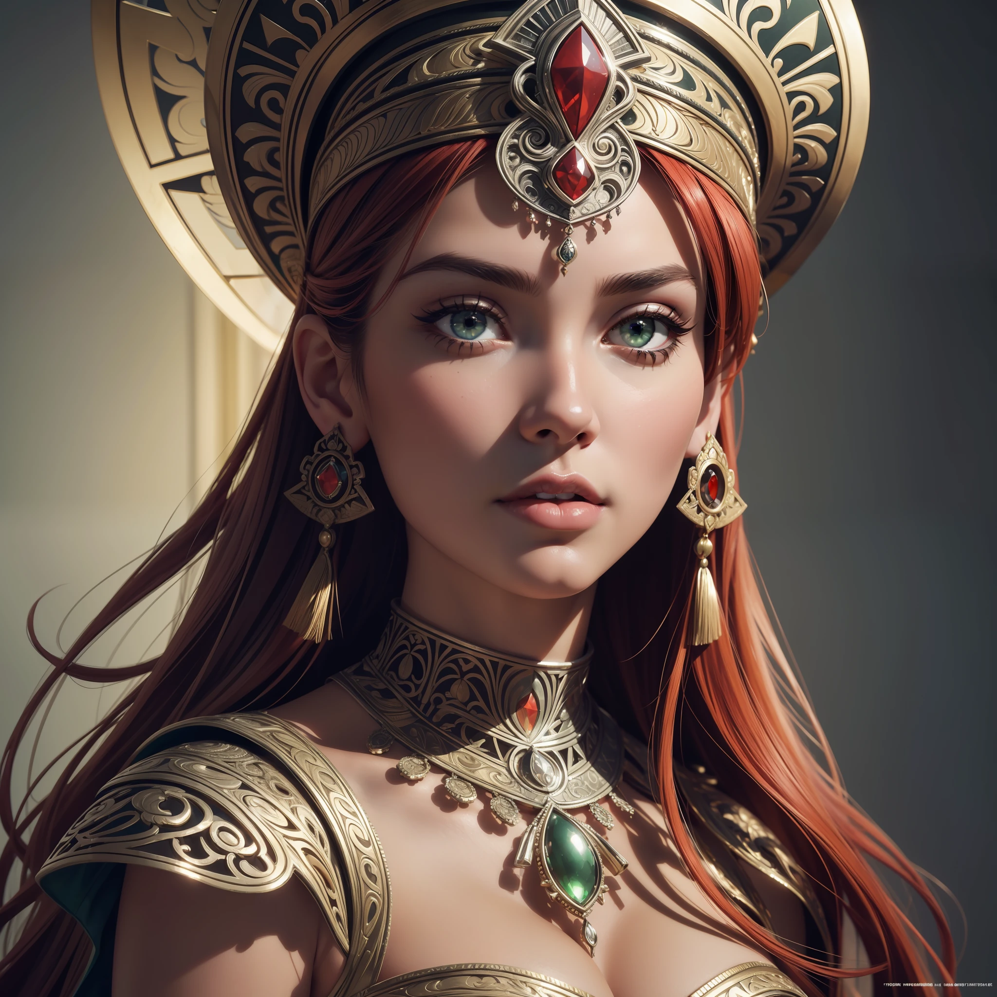 (masterpiece:1.2), original, masterpiece, best quality, official art, (extremely detailed 8k wallpaper), (extremely fine and beautiful:1.2), (beautiful and clear background) beautiful portrait of an Inca goddess, glamorous and sexy, red hair, beautiful face, green eyes, sexy pose, ((silver filigree)), Ivory accessories, intricate, highly detailed, in Inca city of gold, 8k digital painting, concept art, sharp focus, cinematic lighting, illustration, best quality, beautiful face