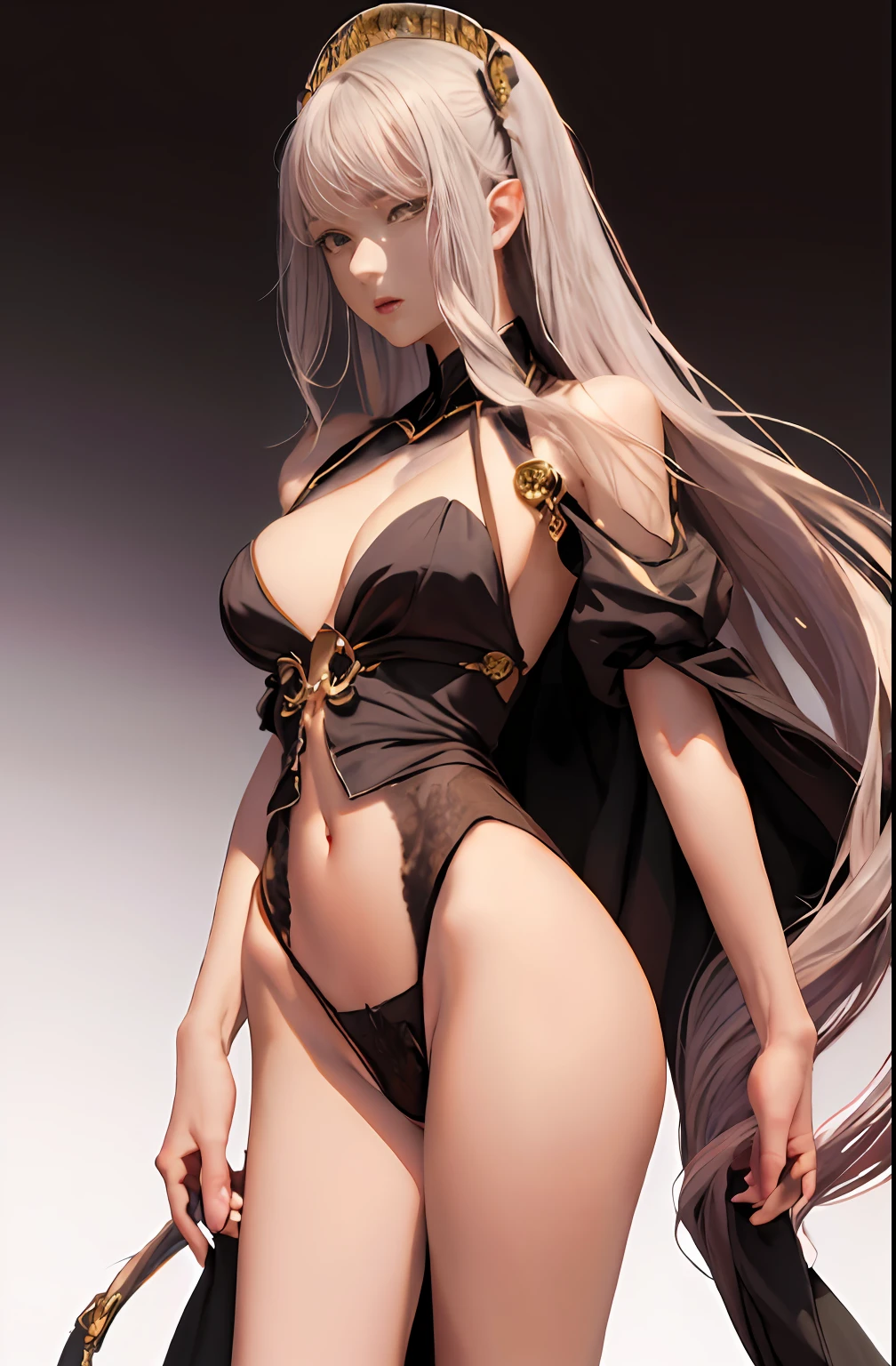 Master anime works,An impeccable masterpiece,8K picture quality: A full-fledged noblewoman was tied to a pillar,The legs are separated,solid color backdrop,Wear cool and sexy clothes,Female boss,Flowing silver hair,Full-body standing,Slender legs,Straight breasts,Detailed facial details,Naturally beautiful standing,Vivid and authentic body details