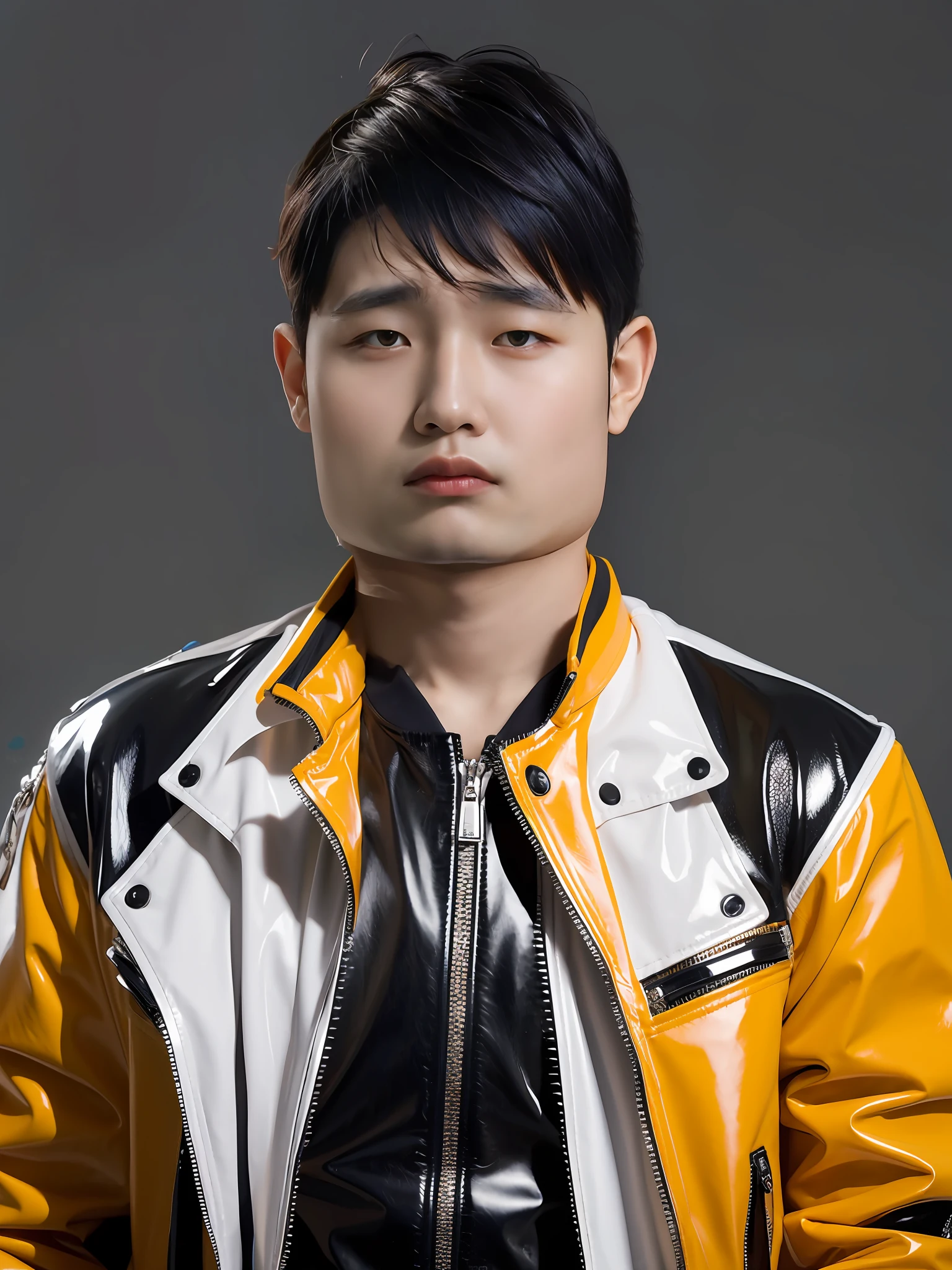 A Chinese male high school student,Wear PVC fashion leather jacket,There are zippers