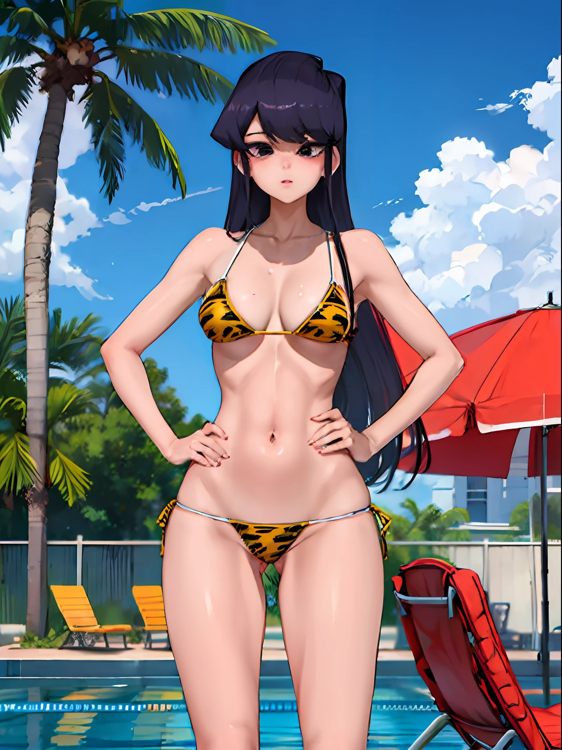 Komi Shouko, micro string bikini gold animal print, shy, hand on hip, sandal (background: patio pool, poolchair, palmtrees)