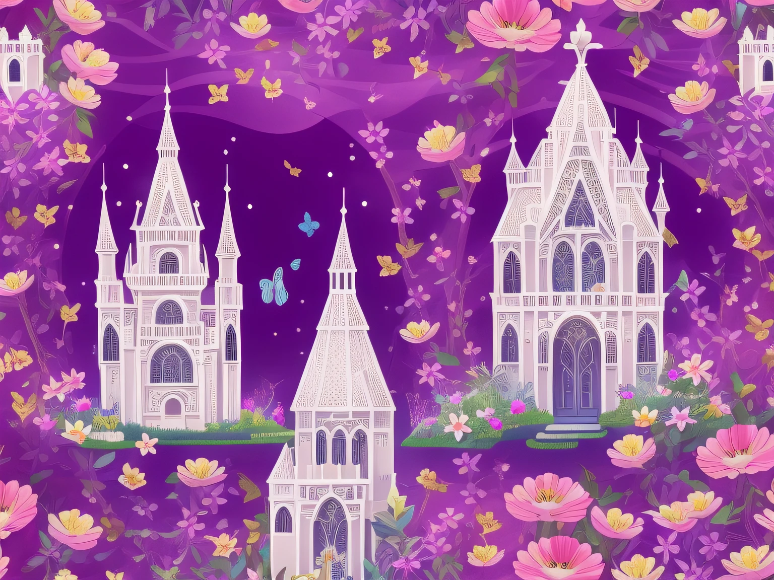 a whimsical gothic white castle, illuminated by a full moon and surrounded by a lush flower garden. Surrounded by butterflies